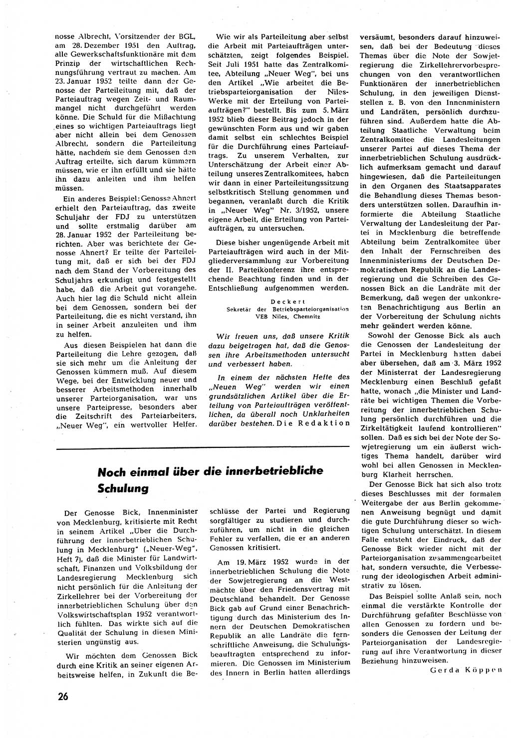 Neuer Weg (NW), Halbmonatsschrift für aktuelle Fragen der Arbeiterbewegung [Zentralkomitee (ZK) Sozialistische Einheitspartei Deutschlands (SED)], 7. Jahrgang [Deutsche Demokratische Republik (DDR)] 1952, Heft 11/26 (NW ZK SED DDR 1952, H. 11/26)