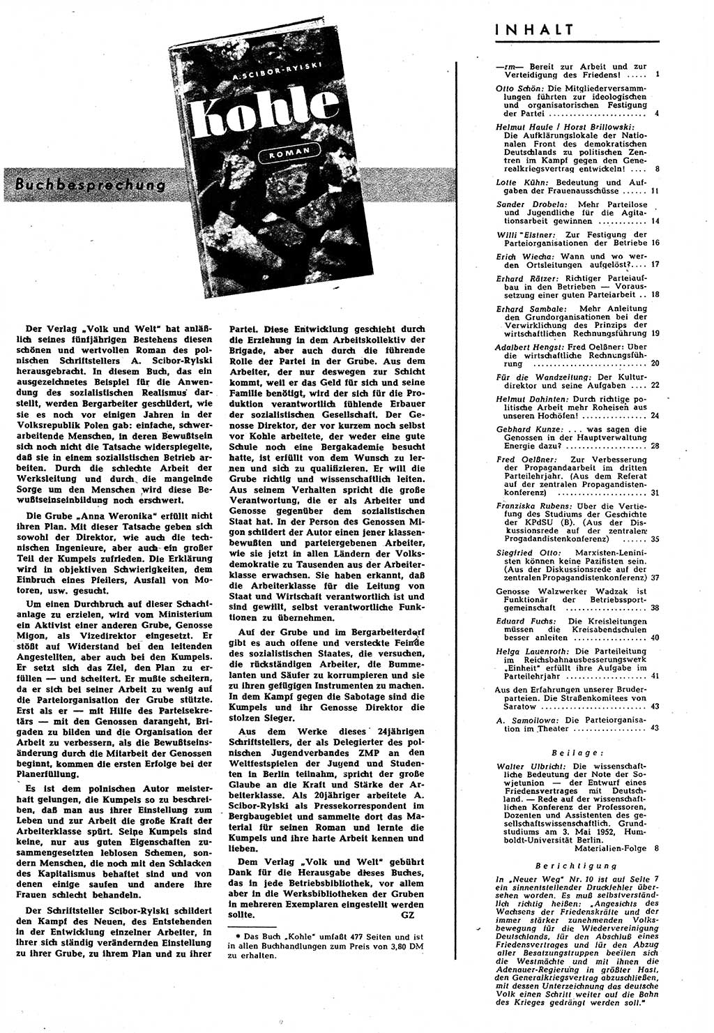 Neuer Weg (NW), Halbmonatsschrift für aktuelle Fragen der Arbeiterbewegung [Zentralkomitee (ZK) Sozialistische Einheitspartei Deutschlands (SED)], 7. Jahrgang [Deutsche Demokratische Republik (DDR)] 1952, Heft 11/45 (NW ZK SED DDR 1952, H. 11/45)