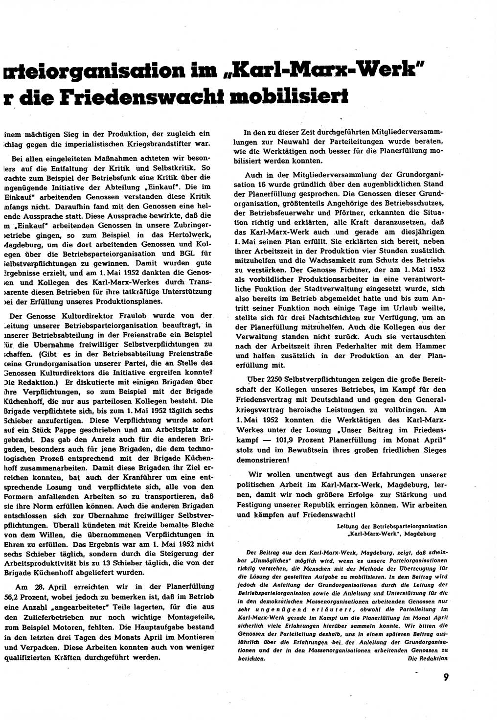 Neuer Weg (NW), Halbmonatsschrift für aktuelle Fragen der Arbeiterbewegung [Zentralkomitee (ZK) Sozialistische Einheitspartei Deutschlands (SED)], 7. Jahrgang [Deutsche Demokratische Republik (DDR)] 1952, Heft 12/9 (NW ZK SED DDR 1952, H. 12/9)