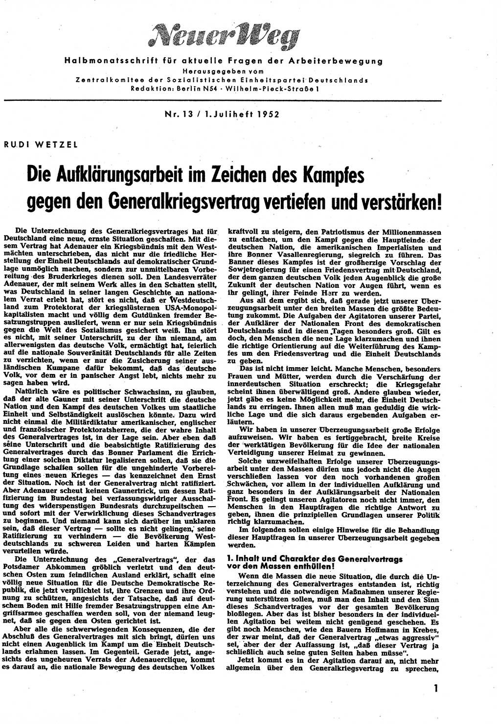 Neuer Weg (NW), Halbmonatsschrift für aktuelle Fragen der Arbeiterbewegung [Zentralkomitee (ZK) Sozialistische Einheitspartei Deutschlands (SED)], 7. Jahrgang [Deutsche Demokratische Republik (DDR)] 1952, Heft 13/1 (NW ZK SED DDR 1952, H. 13/1)