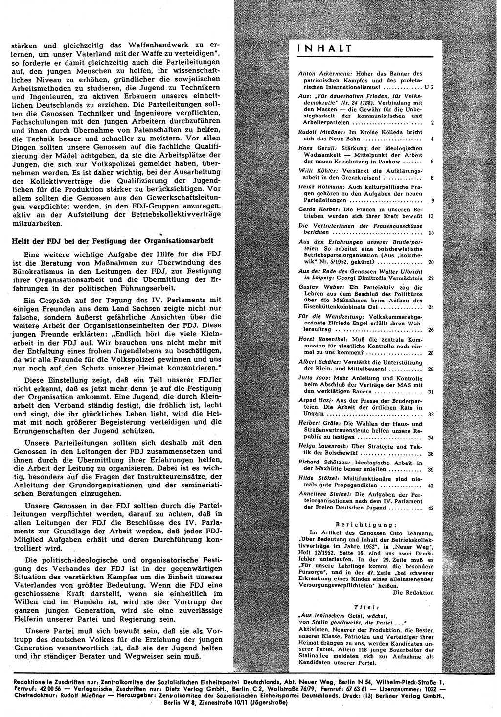Neuer Weg (NW), Halbmonatsschrift für aktuelle Fragen der Arbeiterbewegung [Zentralkomitee (ZK) Sozialistische Einheitspartei Deutschlands (SED)], 7. Jahrgang [Deutsche Demokratische Republik (DDR)] 1952, Heft 14/45 (NW ZK SED DDR 1952, H. 14/45)