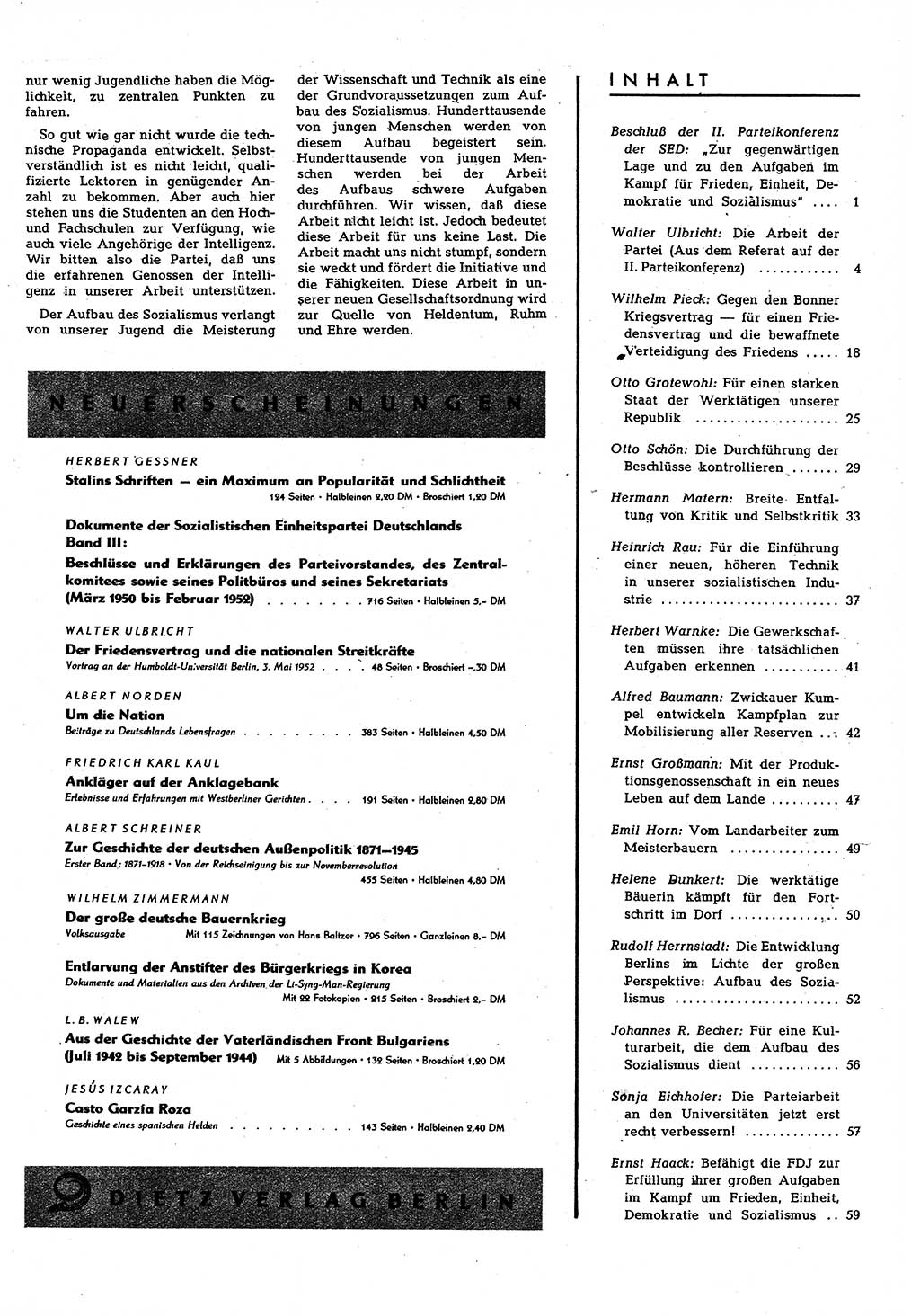 Neuer Weg (NW), Halbmonatsschrift für aktuelle Fragen der Arbeiterbewegung [Zentralkomitee (ZK) Sozialistische Einheitspartei Deutschlands (SED)], 7. Jahrgang [Deutsche Demokratische Republik (DDR)] 1952, Heft 15/61 (NW ZK SED DDR 1952, H. 15/61)