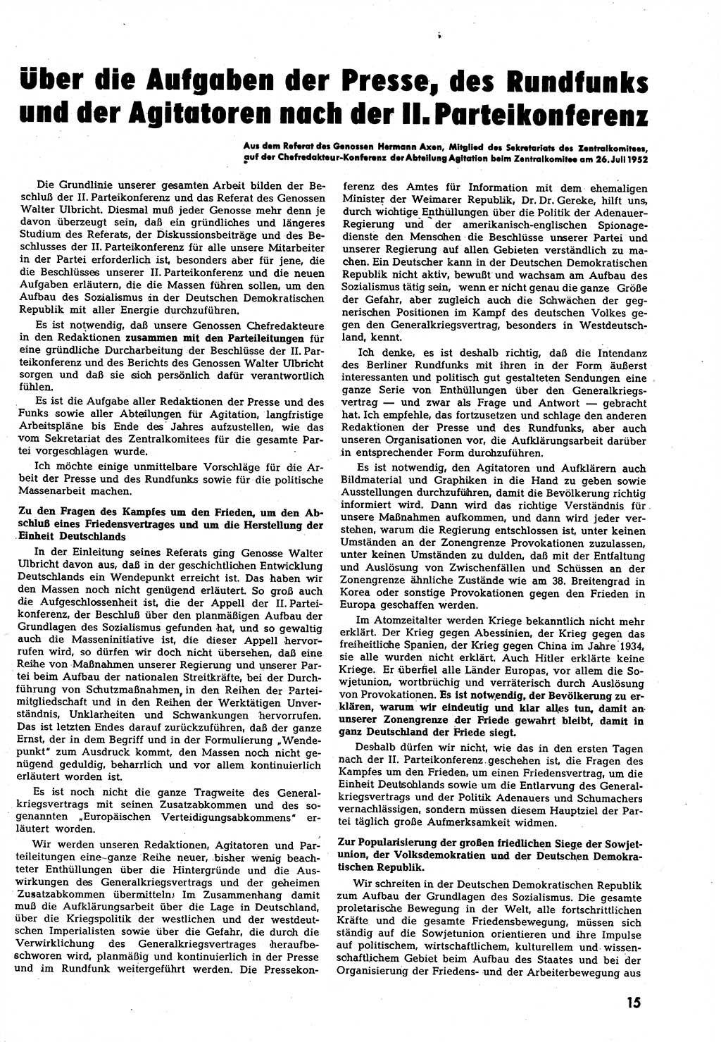 Neuer Weg (NW), Halbmonatsschrift für aktuelle Fragen der Arbeiterbewegung [Zentralkomitee (ZK) Sozialistische Einheitspartei Deutschlands (SED)], 7. Jahrgang [Deutsche Demokratische Republik (DDR)] 1952, Heft 16/15 (NW ZK SED DDR 1952, H. 16/15)