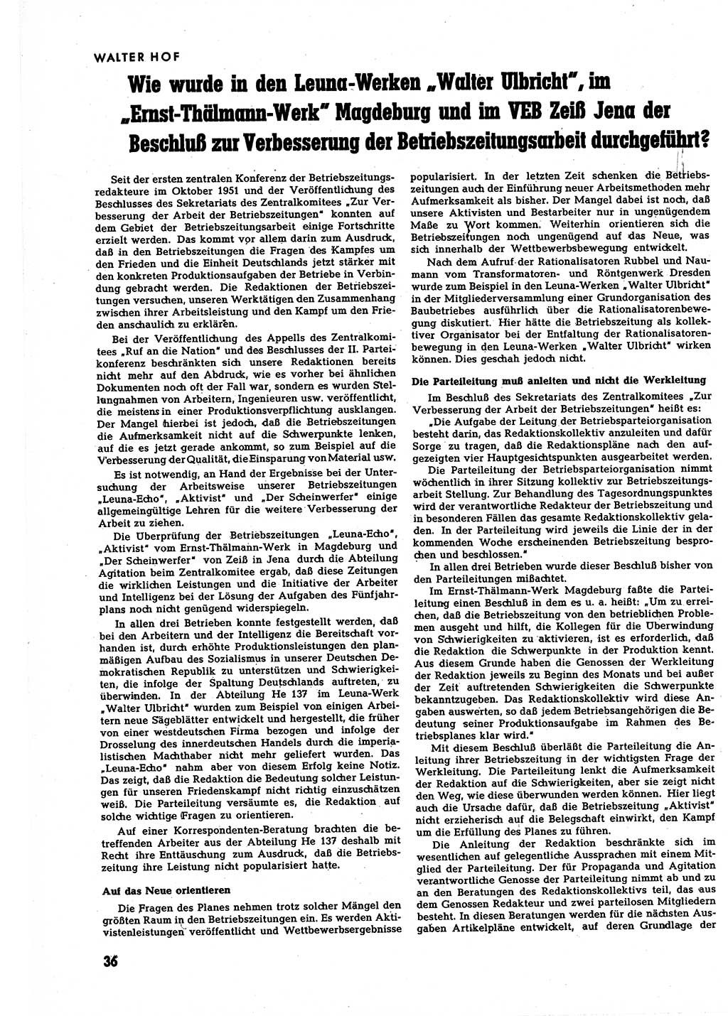 Neuer Weg (NW), Halbmonatsschrift für aktuelle Fragen der Arbeiterbewegung [Zentralkomitee (ZK) Sozialistische Einheitspartei Deutschlands (SED)], 7. Jahrgang [Deutsche Demokratische Republik (DDR)] 1952, Heft 16/36 (NW ZK SED DDR 1952, H. 16/36)