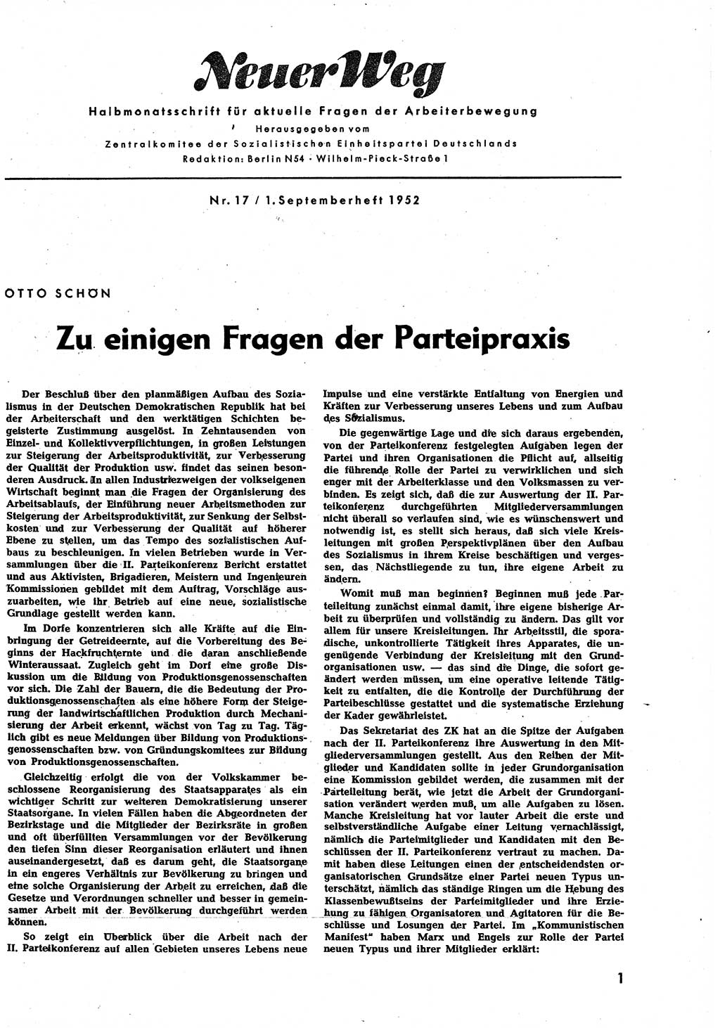 Neuer Weg (NW), Halbmonatsschrift für aktuelle Fragen der Arbeiterbewegung [Zentralkomitee (ZK) Sozialistische Einheitspartei Deutschlands (SED)], 7. Jahrgang [Deutsche Demokratische Republik (DDR)] 1952, Heft 17/1 (NW ZK SED DDR 1952, H. 17/1)