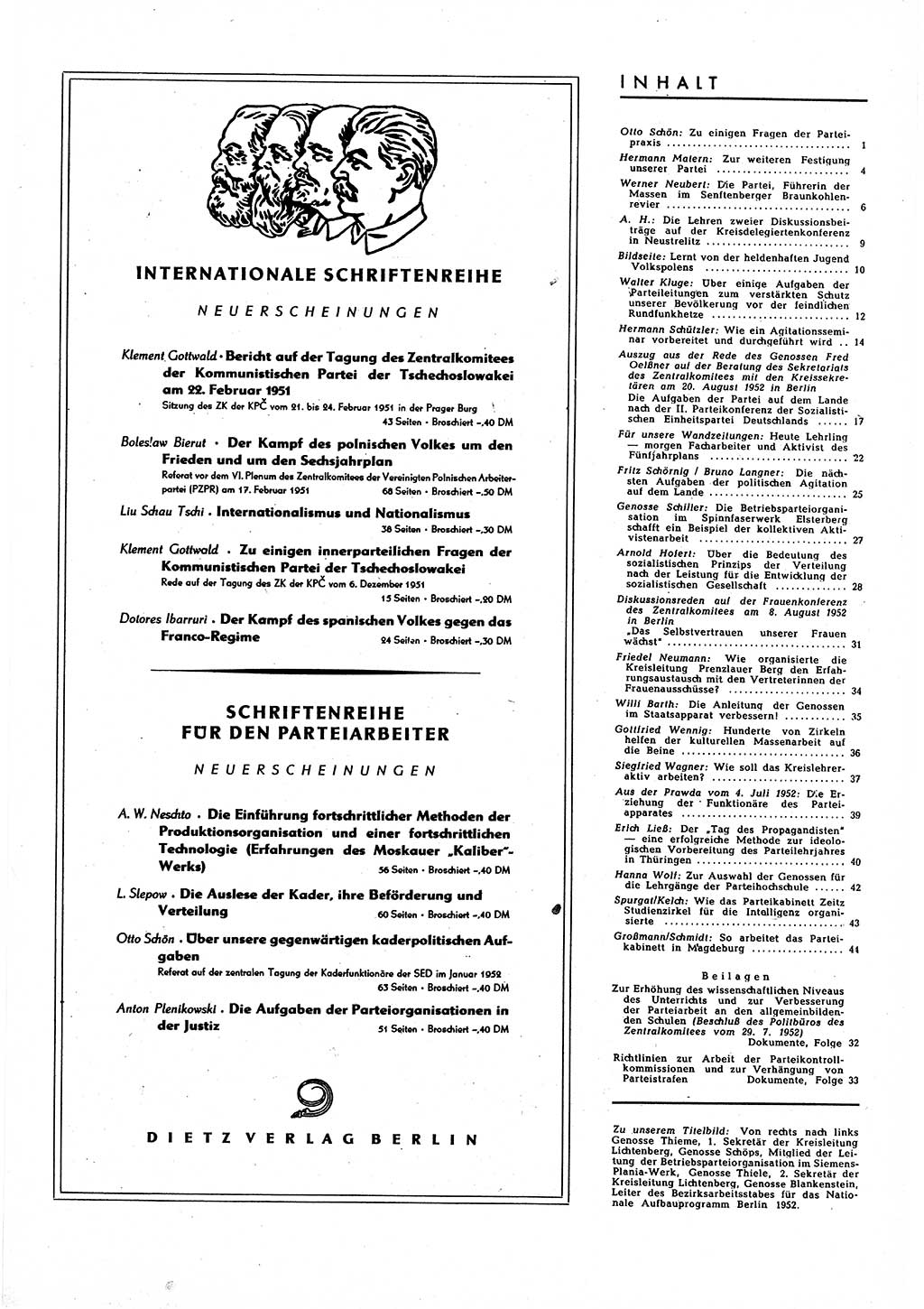 Neuer Weg (NW), Halbmonatsschrift für aktuelle Fragen der Arbeiterbewegung [Zentralkomitee (ZK) Sozialistische Einheitspartei Deutschlands (SED)], 7. Jahrgang [Deutsche Demokratische Republik (DDR)] 1952, Heft 17/45 (NW ZK SED DDR 1952, H. 17/45)