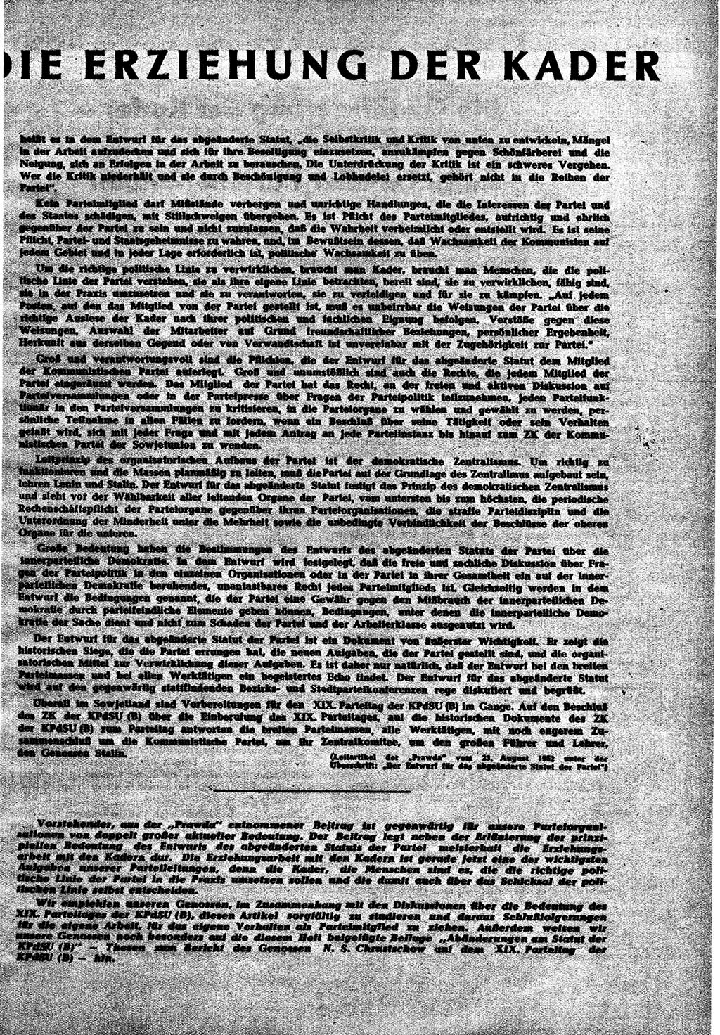 Neuer Weg (NW), Halbmonatsschrift für aktuelle Fragen der Arbeiterbewegung [Zentralkomitee (ZK) Sozialistische Einheitspartei Deutschlands (SED)], 7. Jahrgang [Deutsche Demokratische Republik (DDR)] 1952, Heft 18/1 (NW ZK SED DDR 1952, H. 18/1)