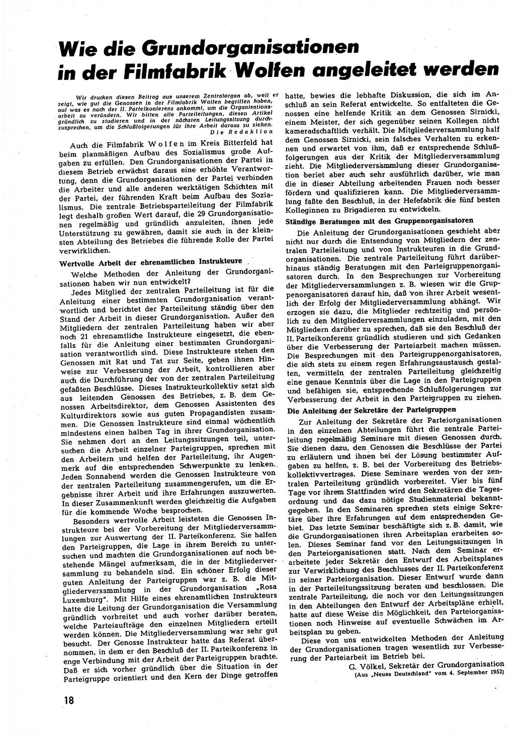 Neuer Weg (NW), Halbmonatsschrift für aktuelle Fragen der Arbeiterbewegung [Zentralkomitee (ZK) Sozialistische Einheitspartei Deutschlands (SED)], 7. Jahrgang [Deutsche Demokratische Republik (DDR)] 1952, Heft 18/18 (NW ZK SED DDR 1952, H. 18/18)