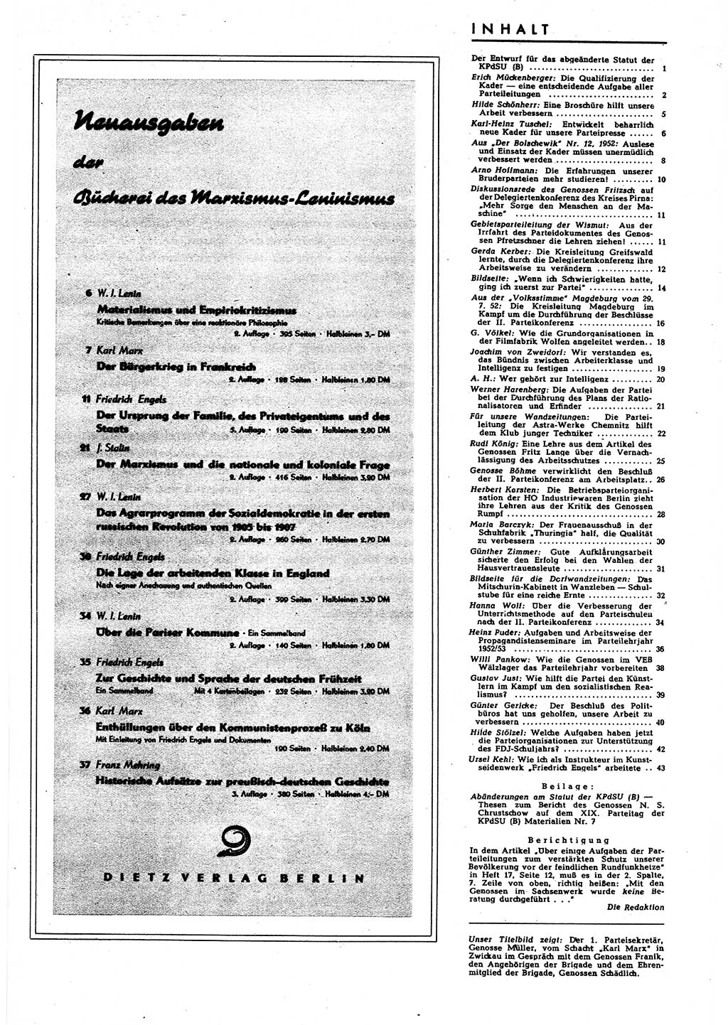 Neuer Weg (NW), Halbmonatsschrift für aktuelle Fragen der Arbeiterbewegung [Zentralkomitee (ZK) Sozialistische Einheitspartei Deutschlands (SED)], 7. Jahrgang [Deutsche Demokratische Republik (DDR)] 1952, Heft 18/45 (NW ZK SED DDR 1952, H. 18/45)
