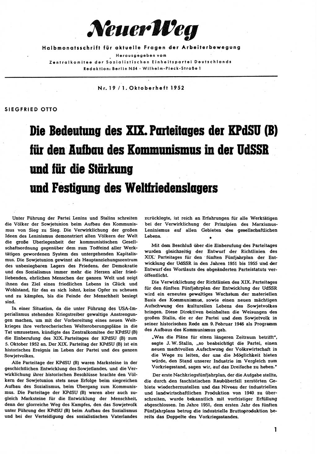 Neuer Weg (NW), Halbmonatsschrift für aktuelle Fragen der Arbeiterbewegung [Zentralkomitee (ZK) Sozialistische Einheitspartei Deutschlands (SED)], 7. Jahrgang [Deutsche Demokratische Republik (DDR)] 1952, Heft 19/1 (NW ZK SED DDR 1952, H. 19/1)