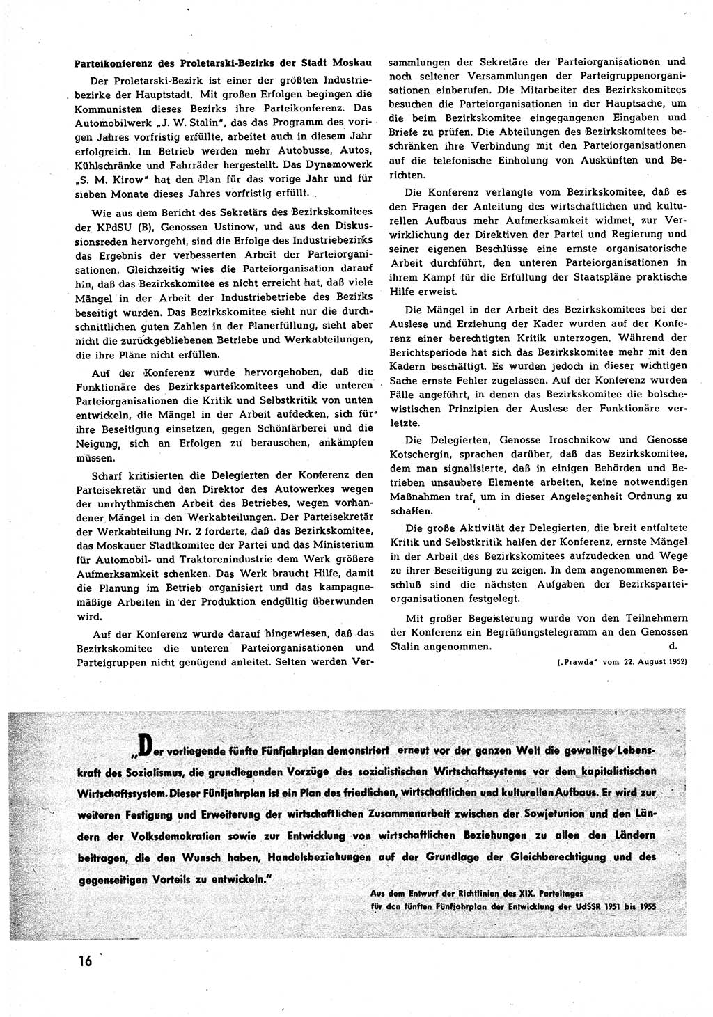 Neuer Weg (NW), Halbmonatsschrift für aktuelle Fragen der Arbeiterbewegung [Zentralkomitee (ZK) Sozialistische Einheitspartei Deutschlands (SED)], 7. Jahrgang [Deutsche Demokratische Republik (DDR)] 1952, Heft 19/16 (NW ZK SED DDR 1952, H. 19/16)
