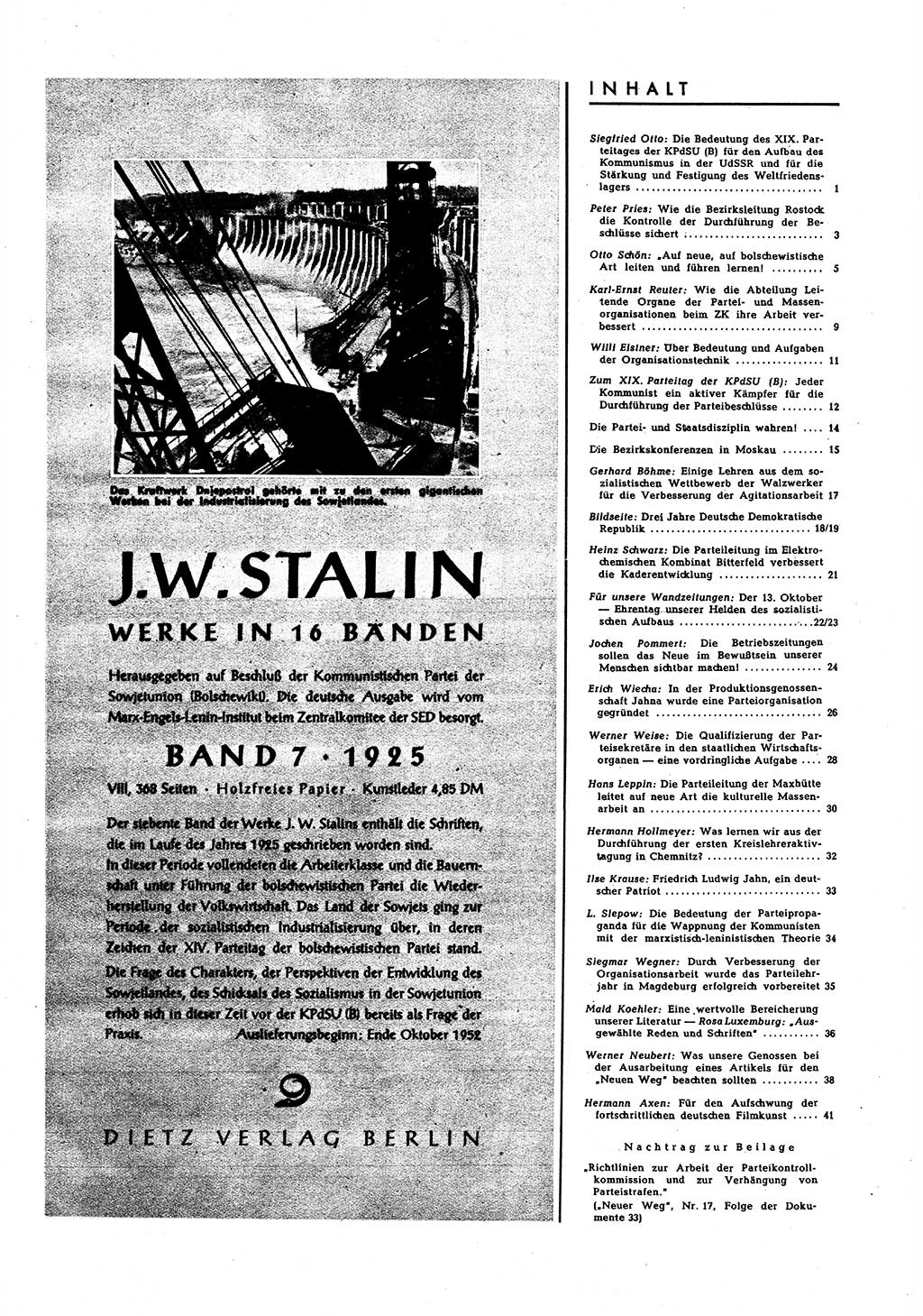 Neuer Weg (NW), Halbmonatsschrift für aktuelle Fragen der Arbeiterbewegung [Zentralkomitee (ZK) Sozialistische Einheitspartei Deutschlands (SED)], 7. Jahrgang [Deutsche Demokratische Republik (DDR)] 1952, Heft 19/45 (NW ZK SED DDR 1952, H. 19/45)