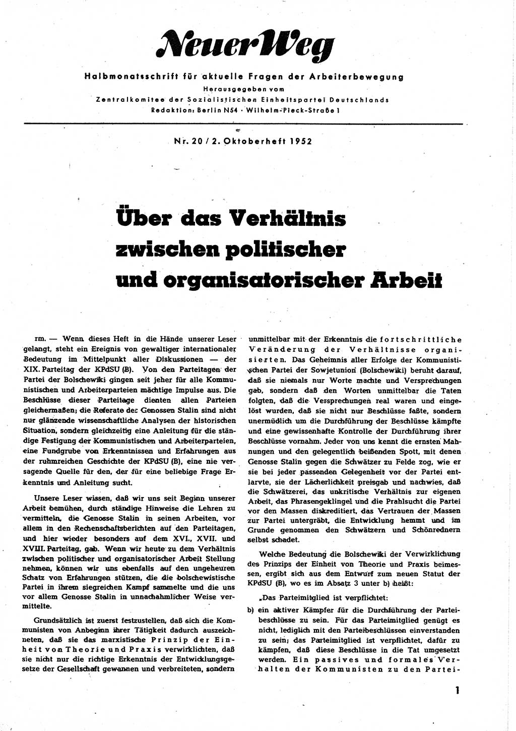 Neuer Weg (NW), Halbmonatsschrift für aktuelle Fragen der Arbeiterbewegung [Zentralkomitee (ZK) Sozialistische Einheitspartei Deutschlands (SED)], 7. Jahrgang [Deutsche Demokratische Republik (DDR)] 1952, Heft 20/1 (NW ZK SED DDR 1952, H. 20/1)