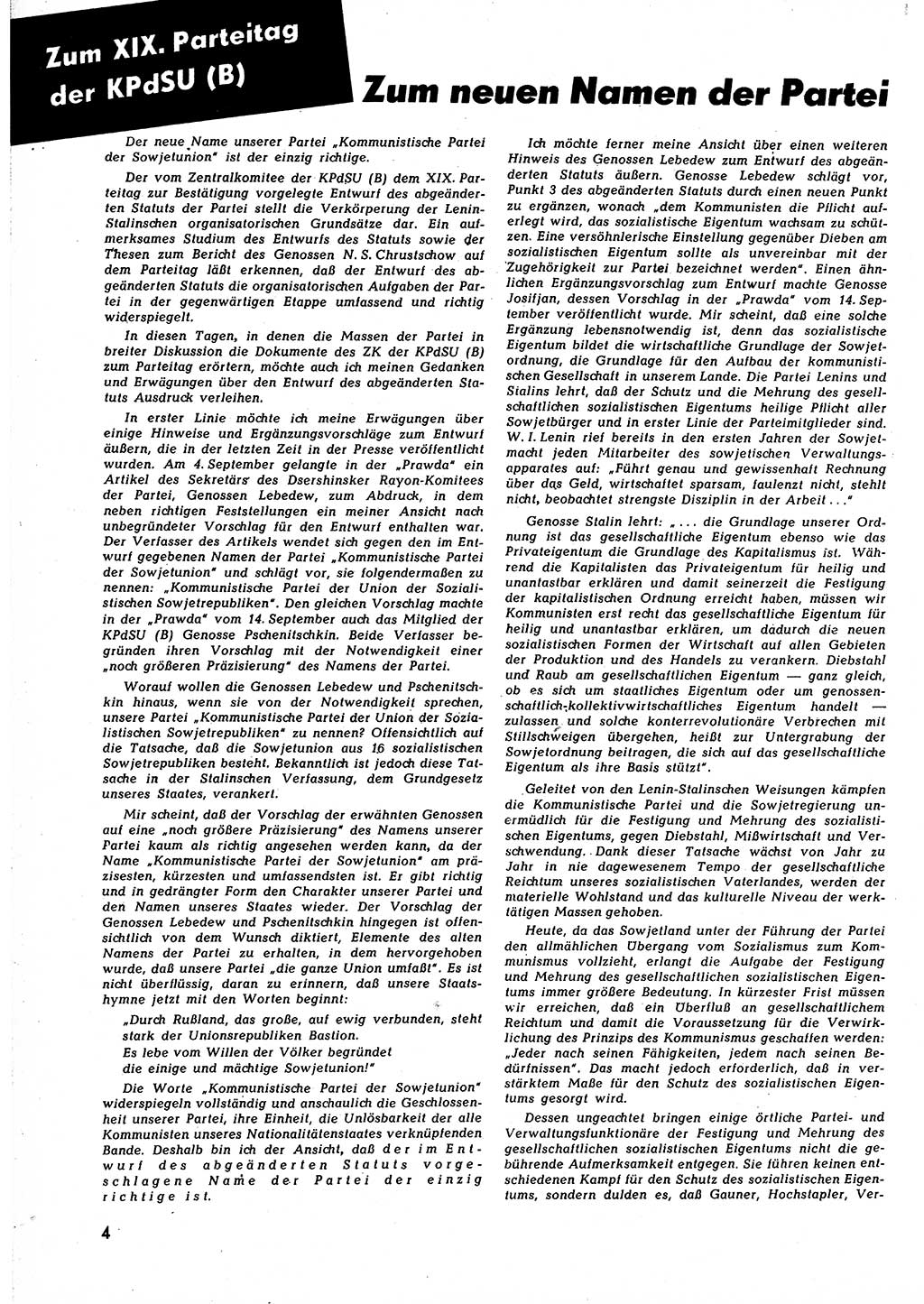 Neuer Weg (NW), Halbmonatsschrift für aktuelle Fragen der Arbeiterbewegung [Zentralkomitee (ZK) Sozialistische Einheitspartei Deutschlands (SED)], 7. Jahrgang [Deutsche Demokratische Republik (DDR)] 1952, Heft 20/4 (NW ZK SED DDR 1952, H. 20/4)