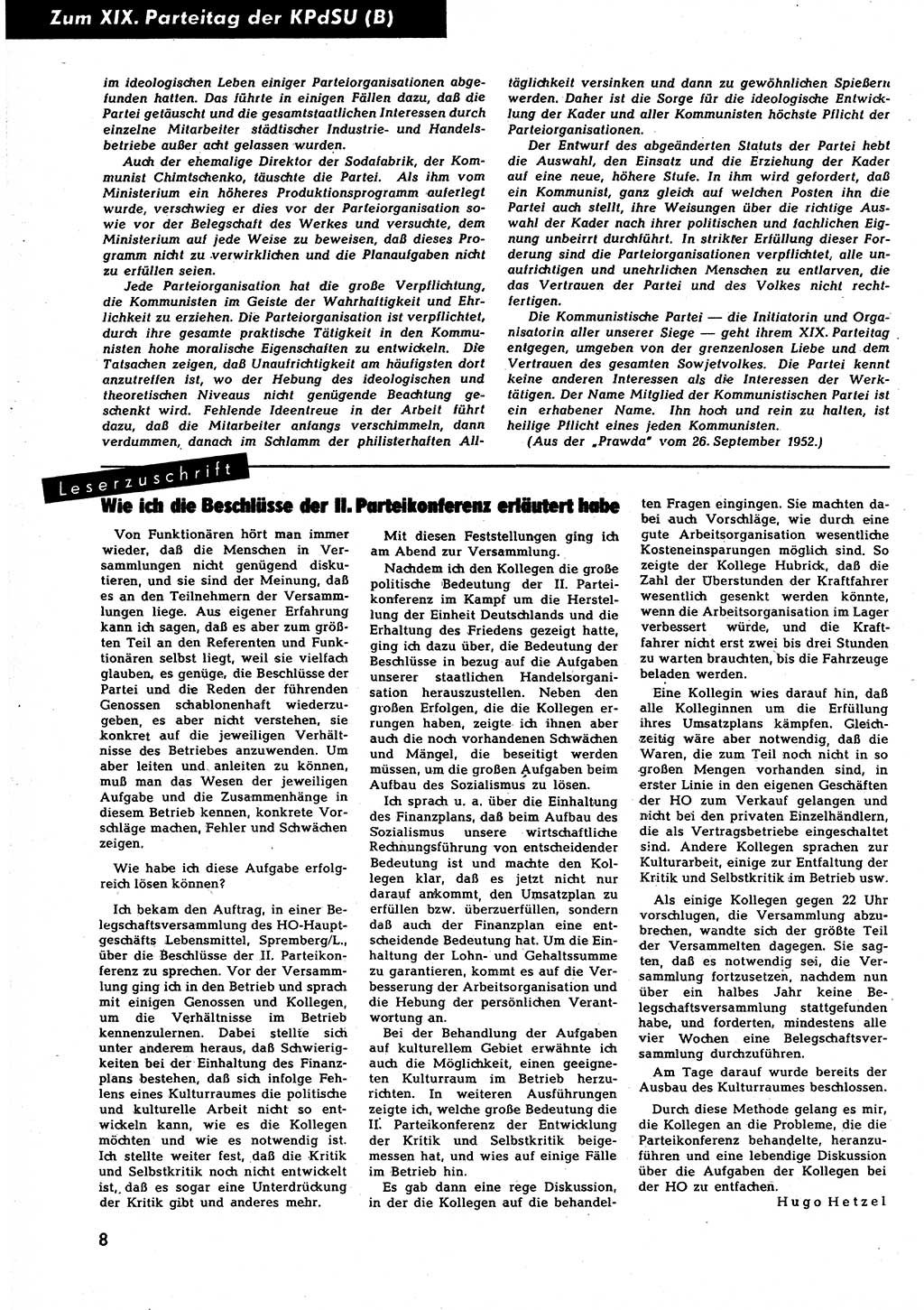 Neuer Weg (NW), Halbmonatsschrift für aktuelle Fragen der Arbeiterbewegung [Zentralkomitee (ZK) Sozialistische Einheitspartei Deutschlands (SED)], 7. Jahrgang [Deutsche Demokratische Republik (DDR)] 1952, Heft 20/8 (NW ZK SED DDR 1952, H. 20/8)