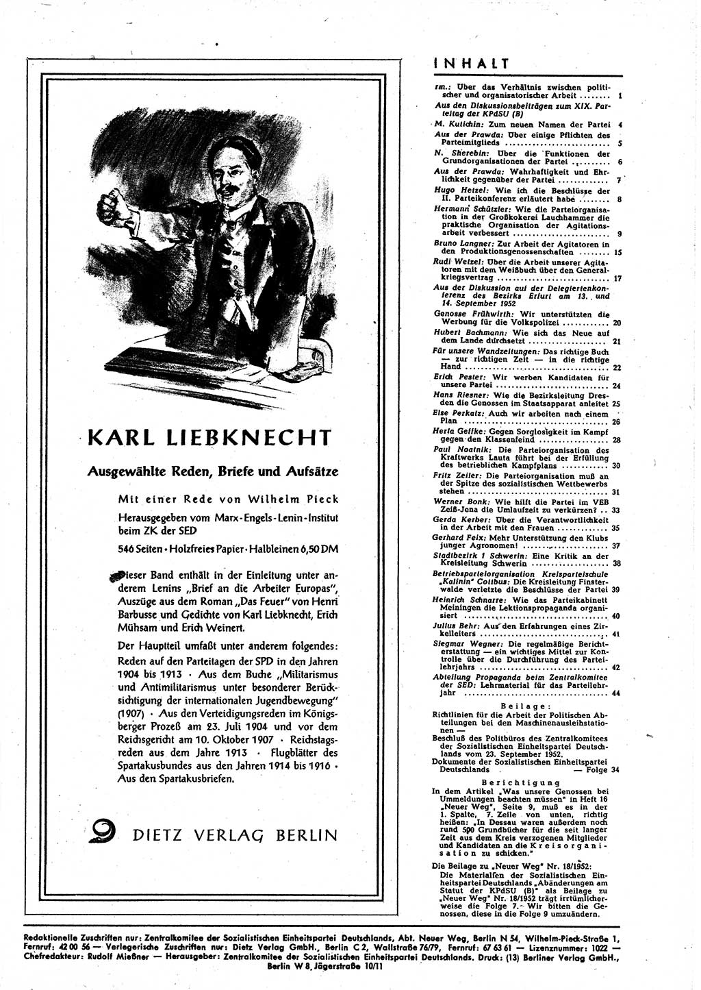 Neuer Weg (NW), Halbmonatsschrift für aktuelle Fragen der Arbeiterbewegung [Zentralkomitee (ZK) Sozialistische Einheitspartei Deutschlands (SED)], 7. Jahrgang [Deutsche Demokratische Republik (DDR)] 1952, Heft 20/45 (NW ZK SED DDR 1952, H. 20/45)