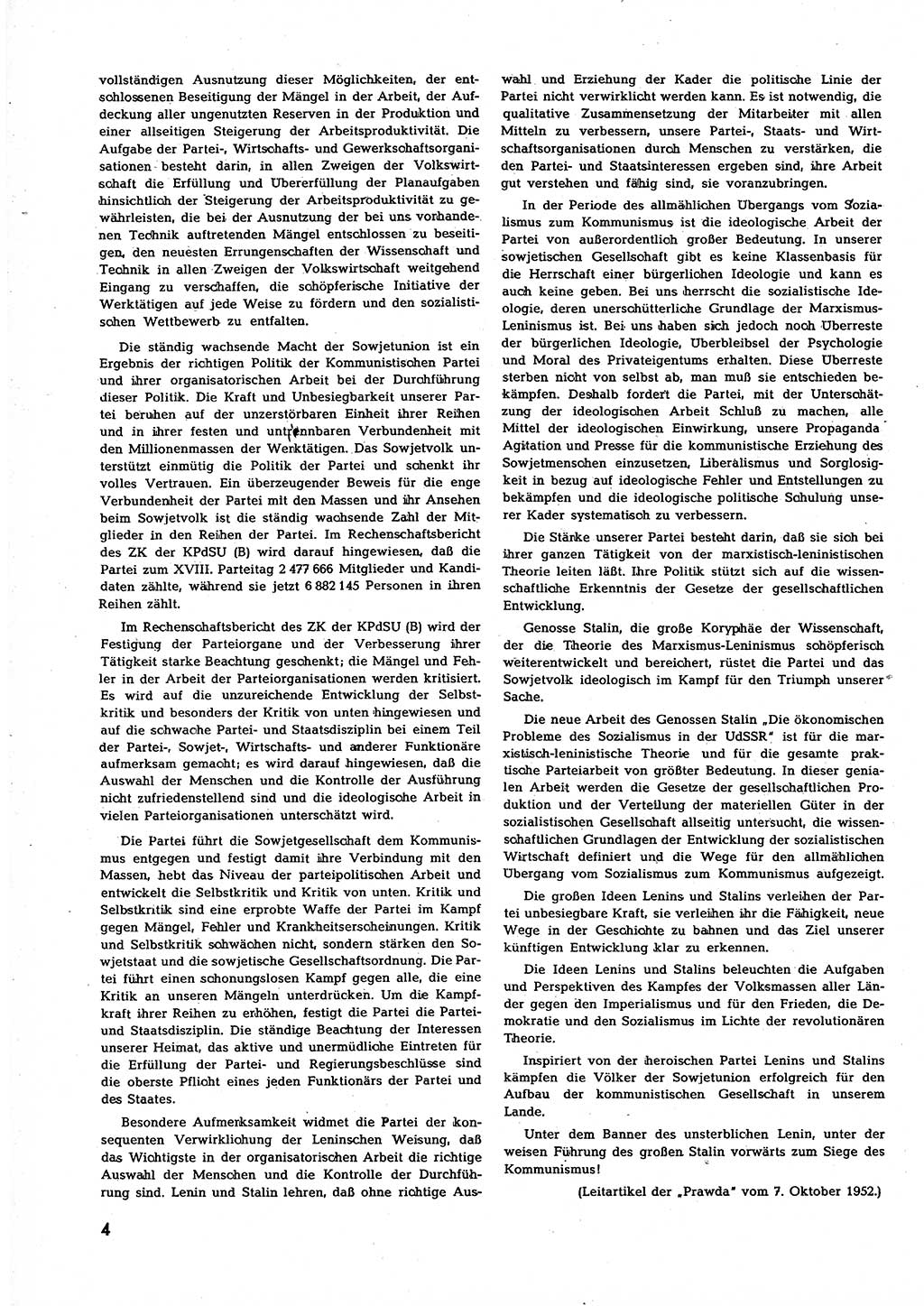 Neuer Weg (NW), Halbmonatsschrift fÃ¼r aktuelle Fragen der Arbeiterbewegung [Zentralkomitee (ZK) Sozialistische Einheitspartei Deutschlands (SED)], 7. Jahrgang [Deutsche Demokratische Republik (DDR)] 1952, Heft 21/4 (NW ZK SED DDR 1952, H. 21/4)