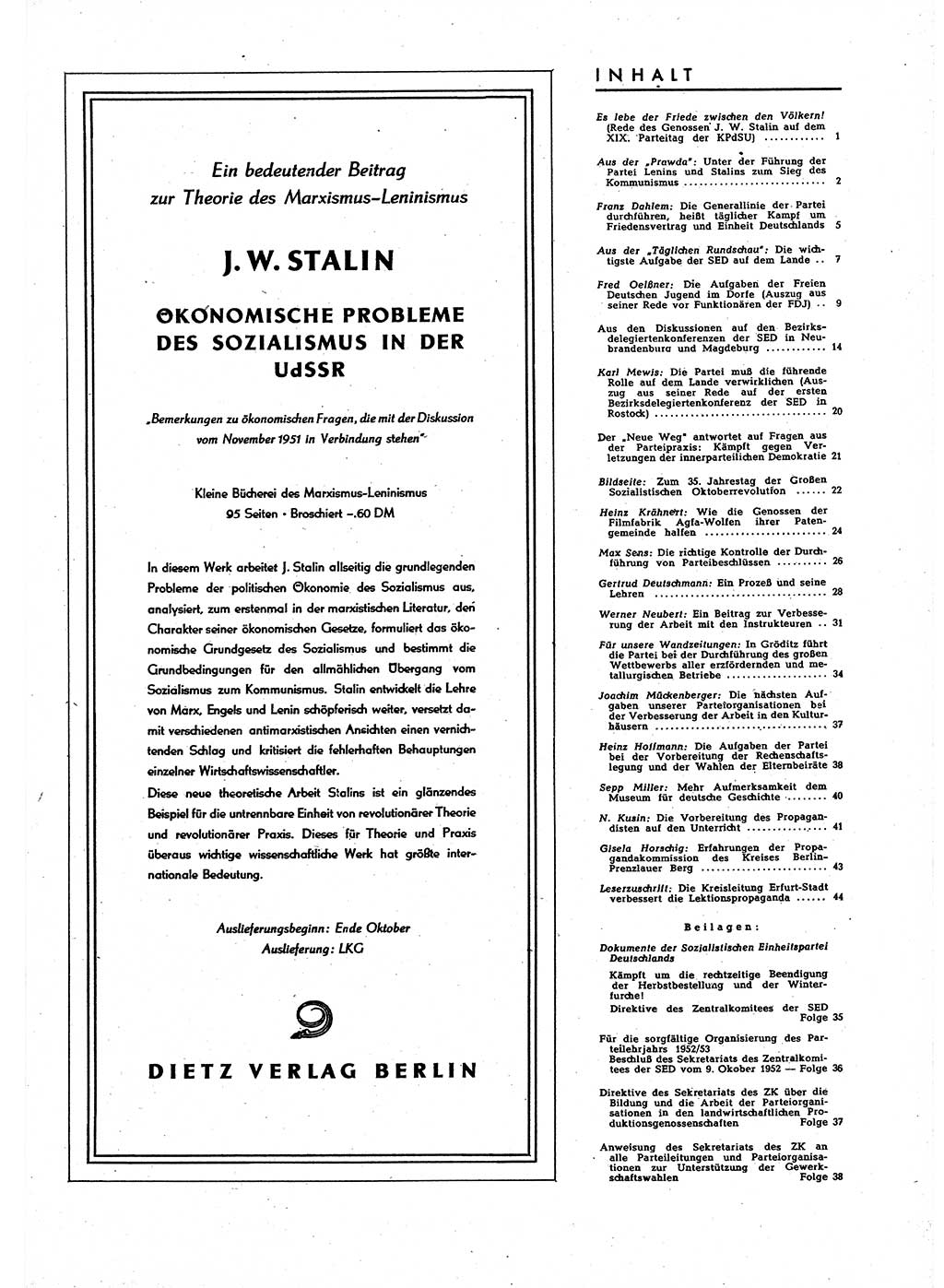 Neuer Weg (NW), Halbmonatsschrift für aktuelle Fragen der Arbeiterbewegung [Zentralkomitee (ZK) Sozialistische Einheitspartei Deutschlands (SED)], 7. Jahrgang [Deutsche Demokratische Republik (DDR)] 1952, Heft 21/45 (NW ZK SED DDR 1952, H. 21/45)