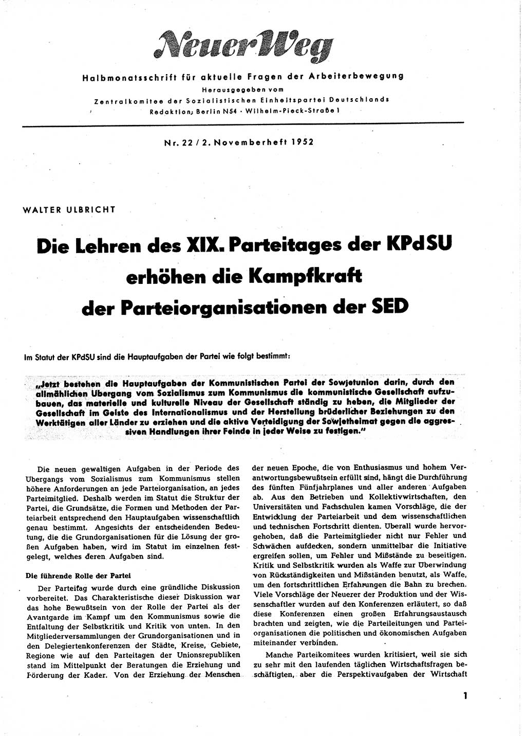 Neuer Weg (NW), Halbmonatsschrift für aktuelle Fragen der Arbeiterbewegung [Zentralkomitee (ZK) Sozialistische Einheitspartei Deutschlands (SED)], 7. Jahrgang [Deutsche Demokratische Republik (DDR)] 1952, Heft 22/1 (NW ZK SED DDR 1952, H. 22/1)