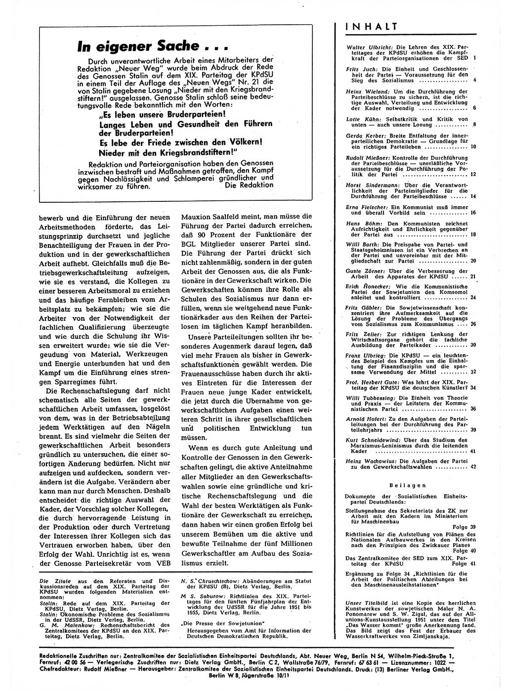 Neuer Weg (NW), Halbmonatsschrift für aktuelle Fragen der Arbeiterbewegung [Zentralkomitee (ZK) Sozialistische Einheitspartei Deutschlands (SED)], 7. Jahrgang [Deutsche Demokratische Republik (DDR)] 1952, Heft 22/45 (NW ZK SED DDR 1952, H. 22/45)