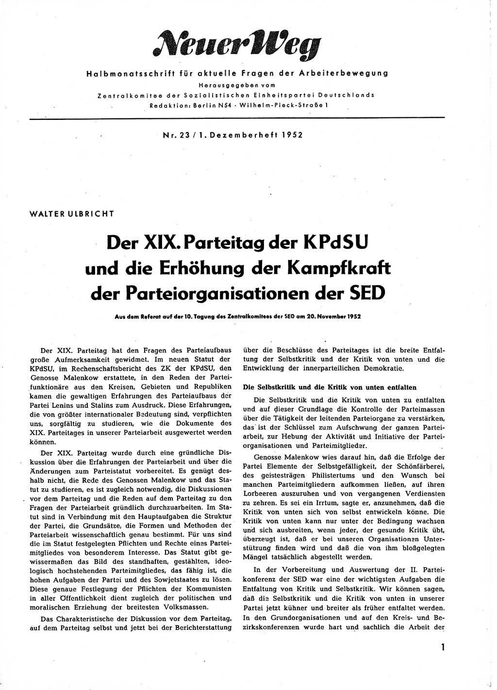 Neuer Weg (NW), Halbmonatsschrift für aktuelle Fragen der Arbeiterbewegung [Zentralkomitee (ZK) Sozialistische Einheitspartei Deutschlands (SED)], 7. Jahrgang [Deutsche Demokratische Republik (DDR)] 1952, Heft 23/1 (NW ZK SED DDR 1952, H. 23/1)