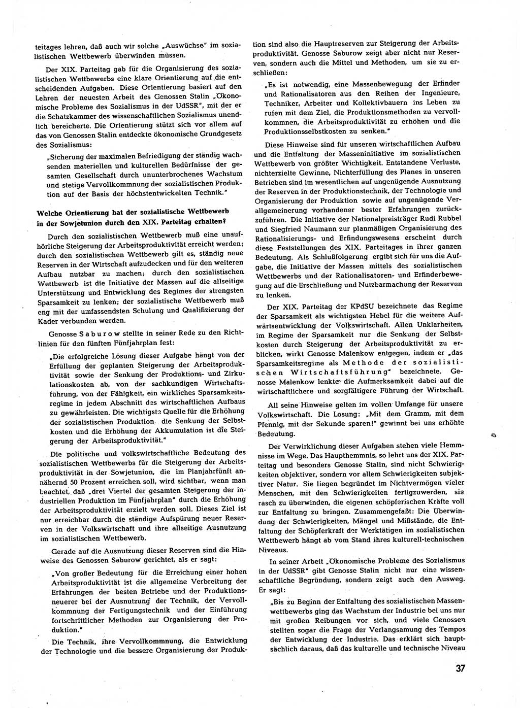 Neuer Weg (NW), Halbmonatsschrift für aktuelle Fragen der Arbeiterbewegung [Zentralkomitee (ZK) Sozialistische Einheitspartei Deutschlands (SED)], 7. Jahrgang [Deutsche Demokratische Republik (DDR)] 1952, Heft 23/37 (NW ZK SED DDR 1952, H. 23/37)