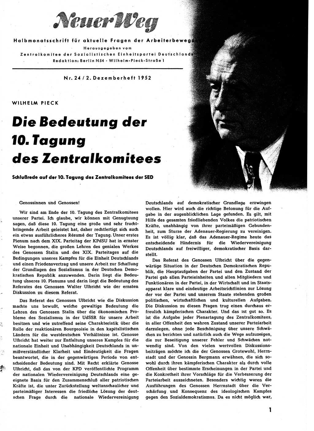 Neuer Weg (NW), Halbmonatsschrift für aktuelle Fragen der Arbeiterbewegung [Zentralkomitee (ZK) Sozialistische Einheitspartei Deutschlands (SED)], 7. Jahrgang [Deutsche Demokratische Republik (DDR)] 1952, Heft 24/1 (NW ZK SED DDR 1952, H. 24/1)