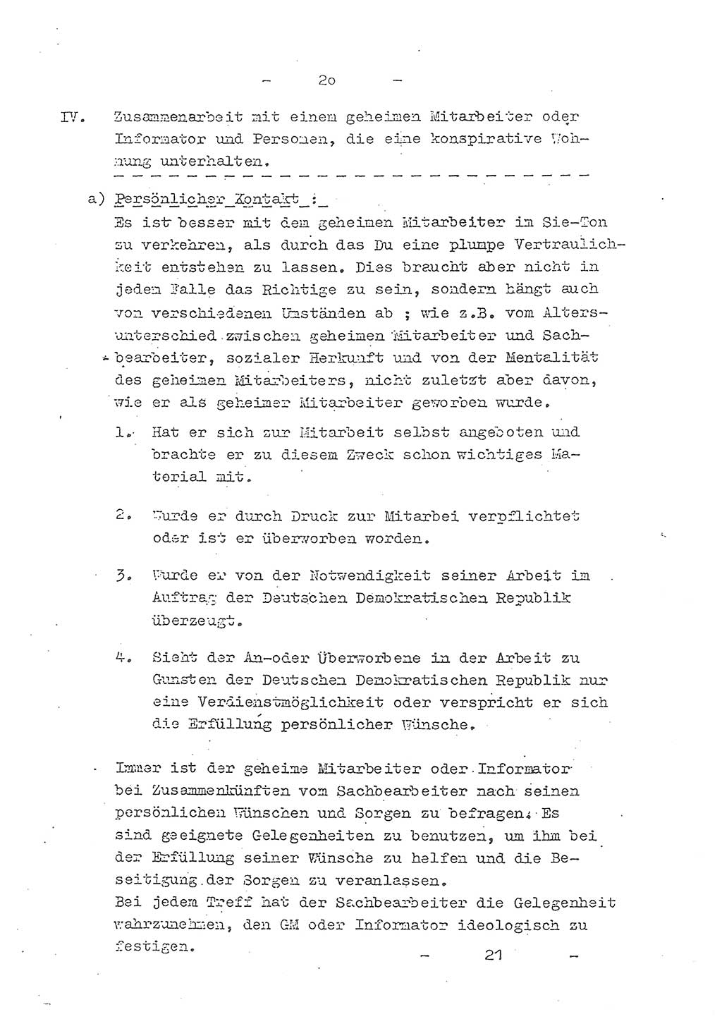 Richtlinie Nr. 21 über die Suche, Anwerbung und Arbeit mit Informatoren, geheimen Mitarbeitern und Personen, die konspirative Wohnungen unterhalten, Deutschen Demokratischen Republik (DDR), Ministerium für Staatssicherheit (MfS), Der Staatssekretär (Mielke), Geheime Verschlußsache (GVS) 1855/52, Berlin 1952, Seite 20 (RL 21 DDR MfS Sts. GVS 1855/52 1952, S. 20)