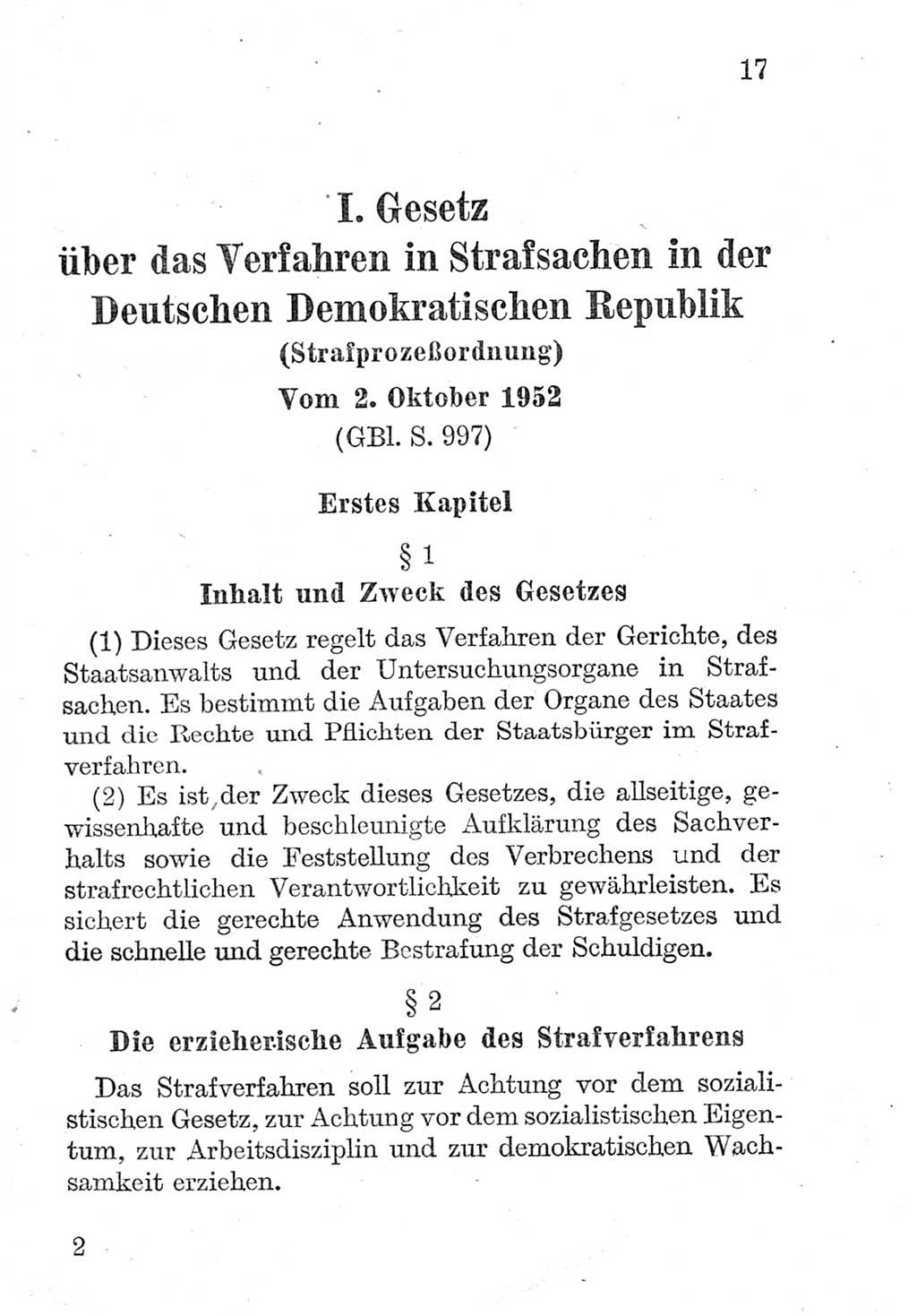 Strafprozeßordnung (StPO), Gerichtsverfassungsgesetz (GVG), Staatsanwaltsgesetz (StAG) und Jugendgerichtsgesetz (JGG) [Deutsche Demokratische Republik (DDR)] 1952, Seite 17 (StPO GVG StAG JGG DDR 1952, S. 17)