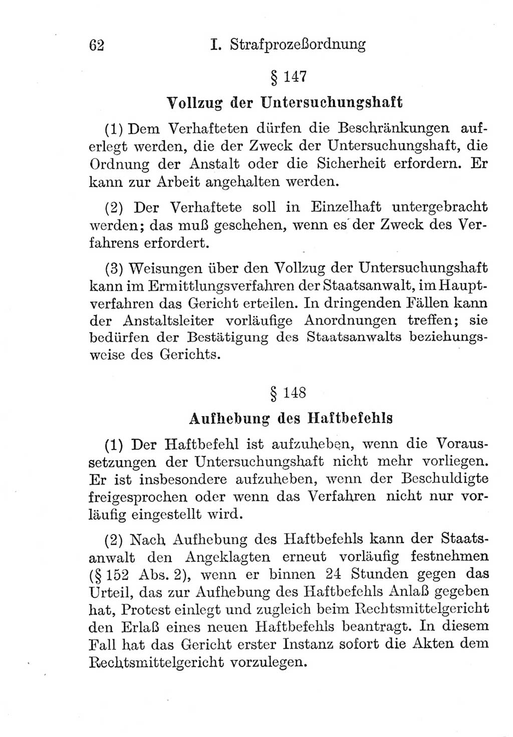Strafprozeßordnung (StPO), Gerichtsverfassungsgesetz (GVG), Staatsanwaltsgesetz (StAG) und Jugendgerichtsgesetz (JGG) [Deutsche Demokratische Republik (DDR)] 1952, Seite 62 (StPO GVG StAG JGG DDR 1952, S. 62)