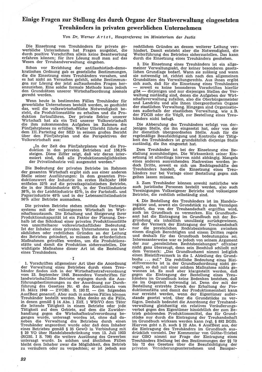 Neue Justiz (NJ), Zeitschrift für Recht und Rechtswissenschaft [Deutsche Demokratische Republik (DDR)], 6. Jahrgang 1952, Seite 22 (NJ DDR 1952, S. 22)