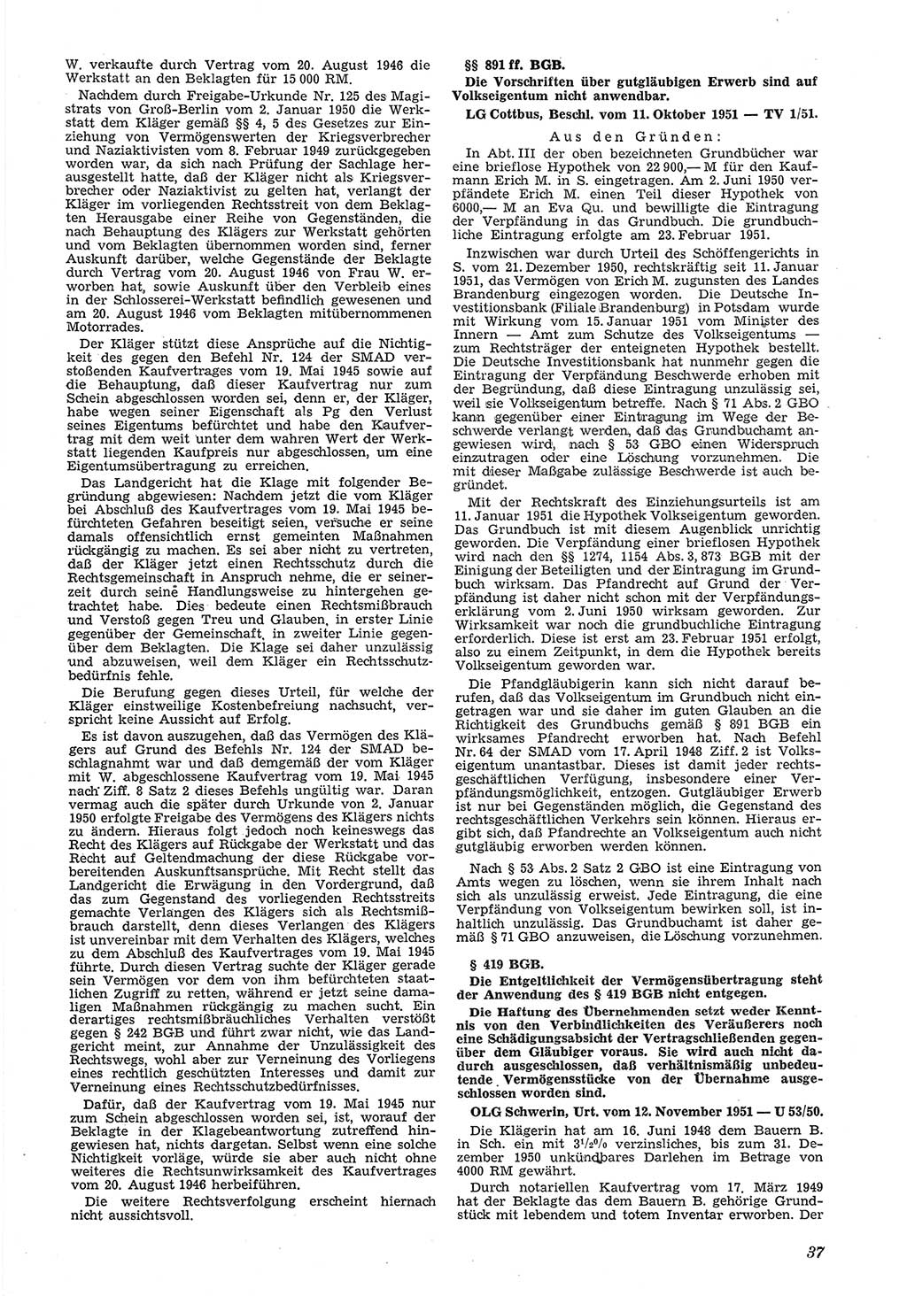 Neue Justiz (NJ), Zeitschrift für Recht und Rechtswissenschaft [Deutsche Demokratische Republik (DDR)], 6. Jahrgang 1952, Seite 37 (NJ DDR 1952, S. 37)