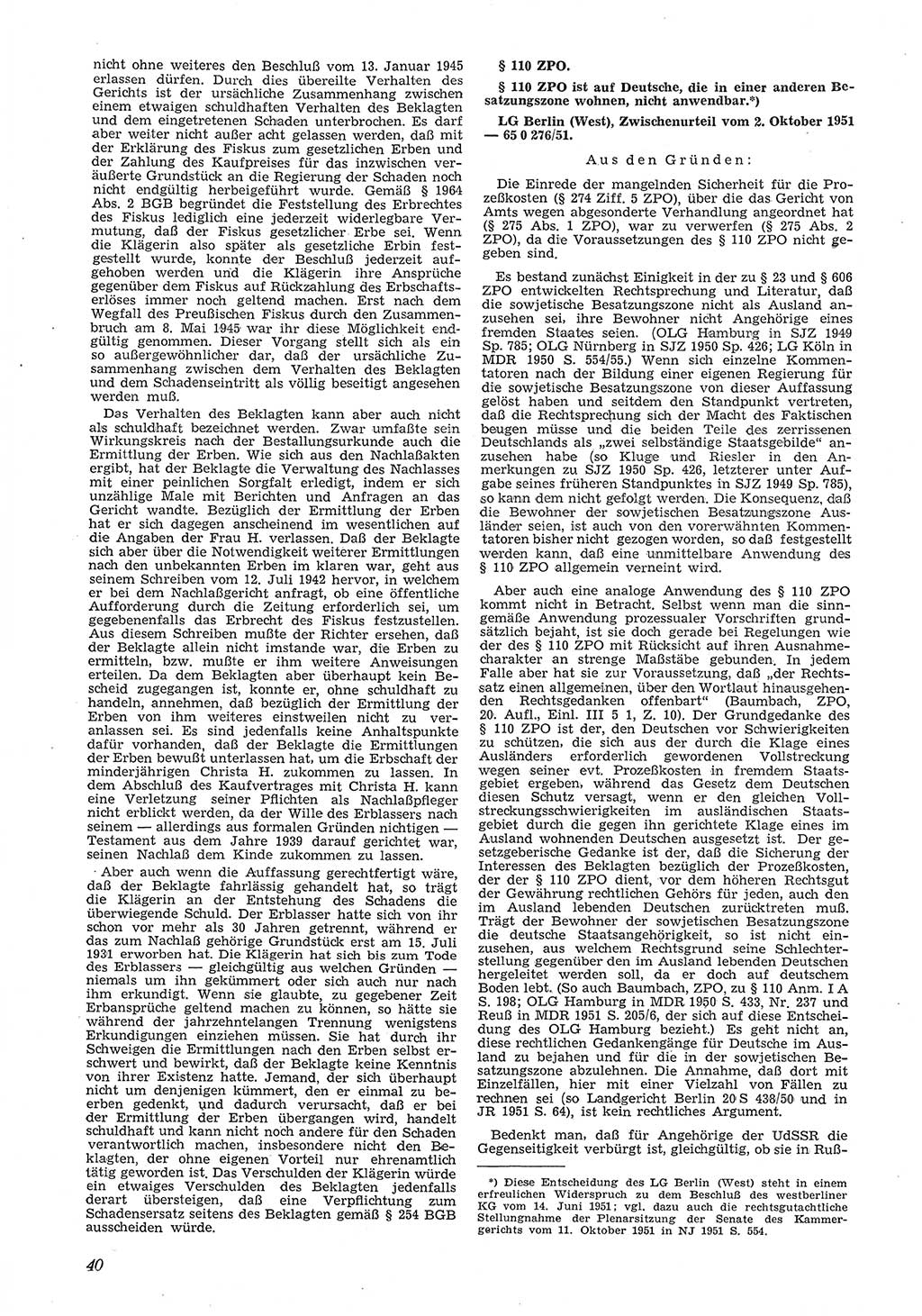 Neue Justiz (NJ), Zeitschrift für Recht und Rechtswissenschaft [Deutsche Demokratische Republik (DDR)], 6. Jahrgang 1952, Seite 40 (NJ DDR 1952, S. 40)