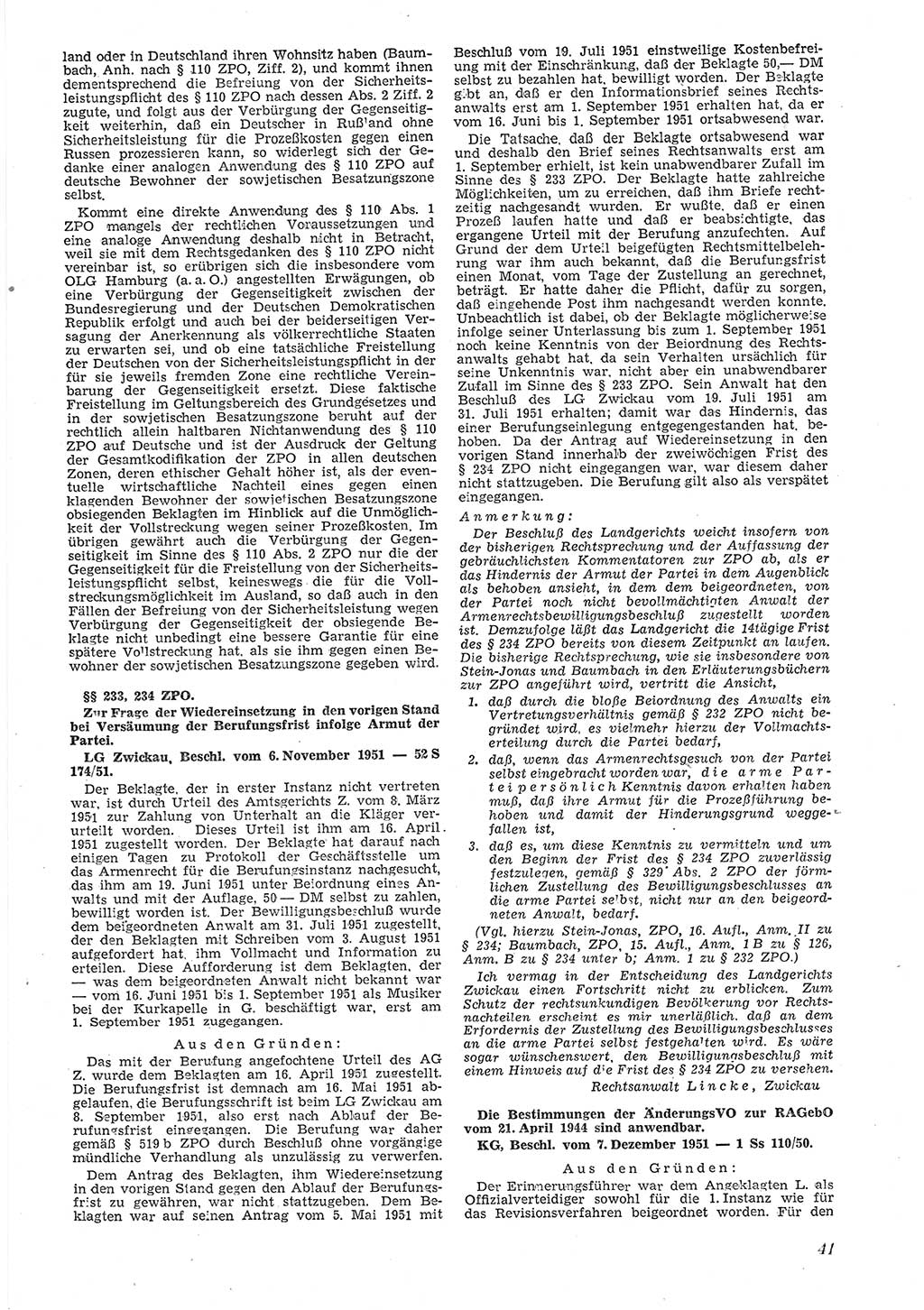 Neue Justiz (NJ), Zeitschrift für Recht und Rechtswissenschaft [Deutsche Demokratische Republik (DDR)], 6. Jahrgang 1952, Seite 41 (NJ DDR 1952, S. 41)
