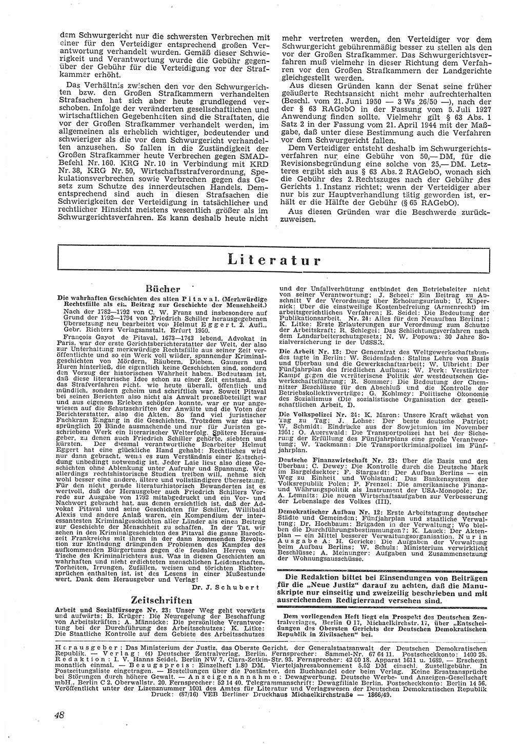 Neue Justiz (NJ), Zeitschrift für Recht und Rechtswissenschaft [Deutsche Demokratische Republik (DDR)], 6. Jahrgang 1952, Seite 48 (NJ DDR 1952, S. 48)