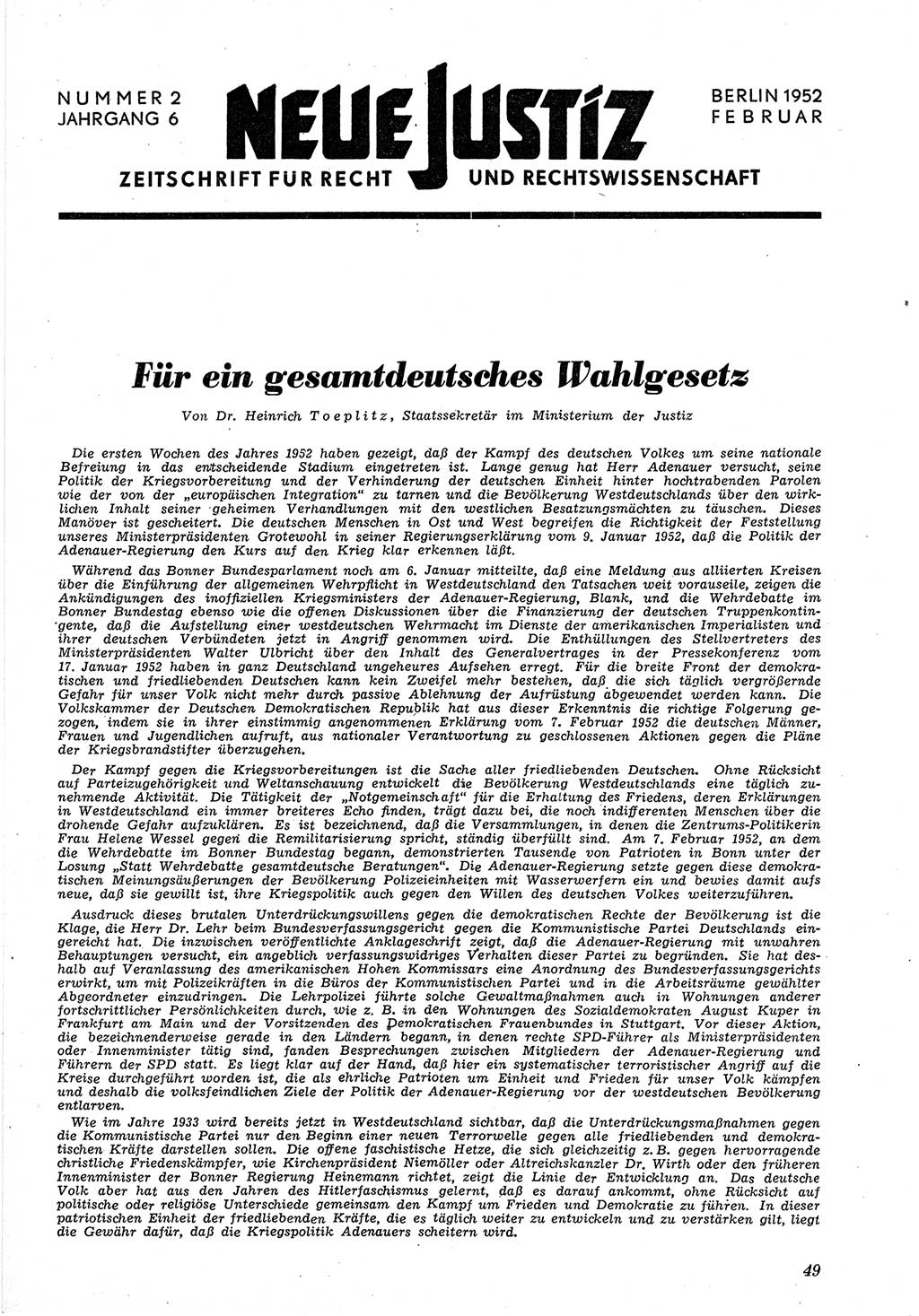 Neue Justiz (NJ), Zeitschrift für Recht und Rechtswissenschaft [Deutsche Demokratische Republik (DDR)], 6. Jahrgang 1952, Seite 49 (NJ DDR 1952, S. 49)