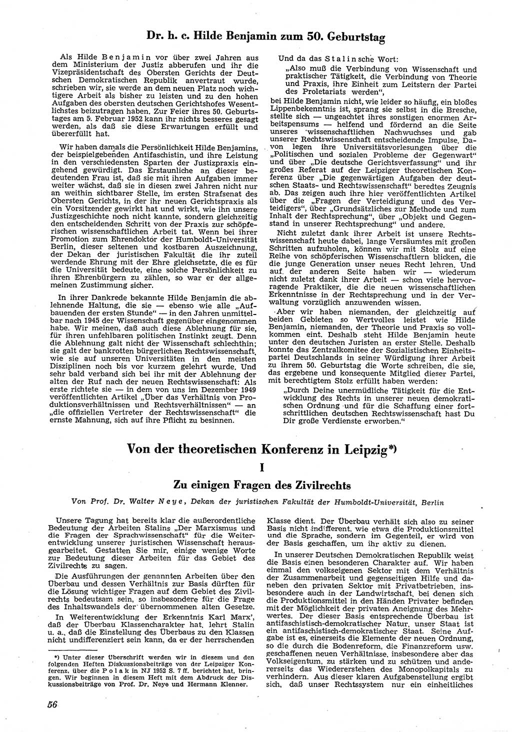 Neue Justiz (NJ), Zeitschrift für Recht und Rechtswissenschaft [Deutsche Demokratische Republik (DDR)], 6. Jahrgang 1952, Seite 56 (NJ DDR 1952, S. 56)
