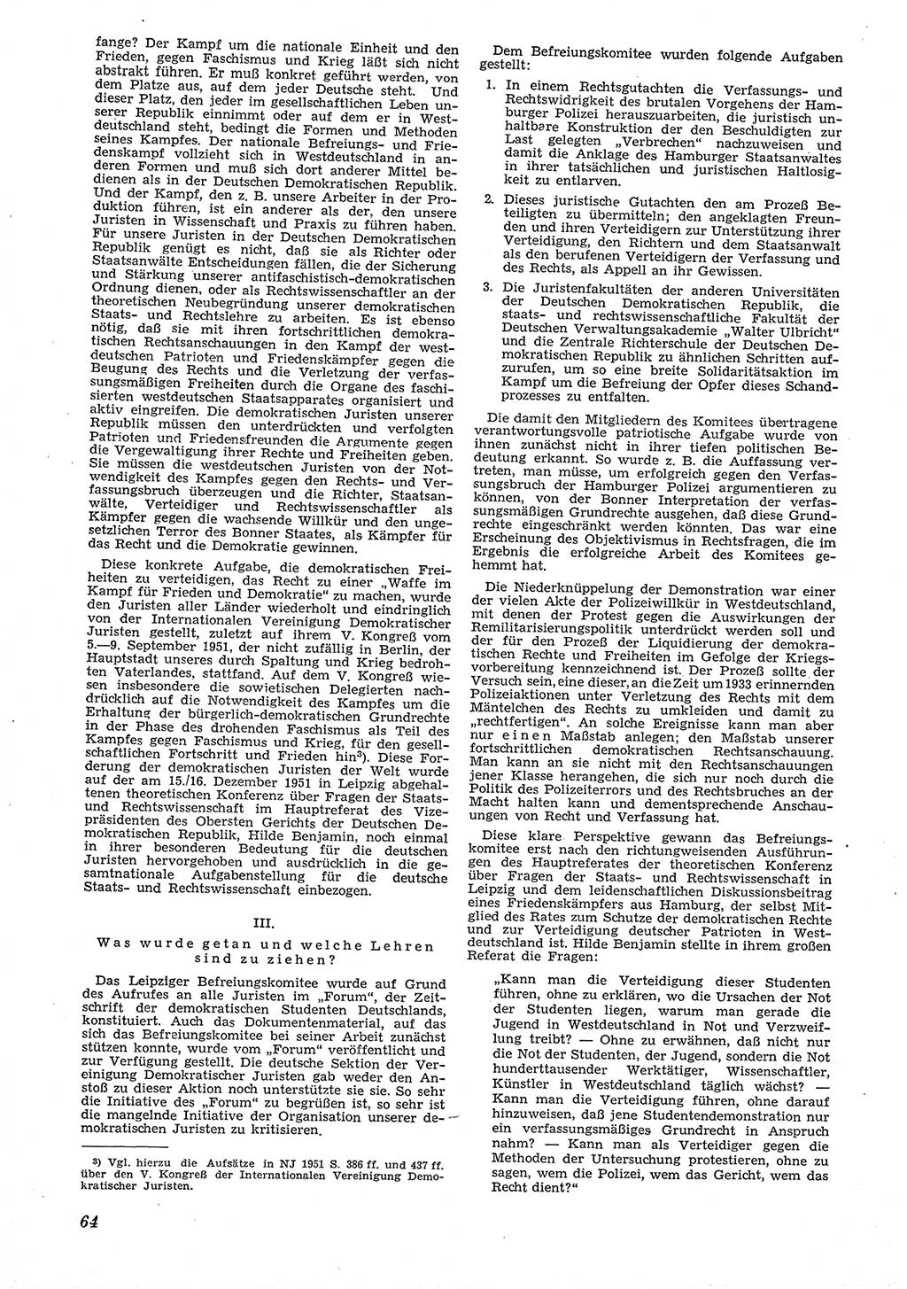 Neue Justiz (NJ), Zeitschrift für Recht und Rechtswissenschaft [Deutsche Demokratische Republik (DDR)], 6. Jahrgang 1952, Seite 64 (NJ DDR 1952, S. 64)
