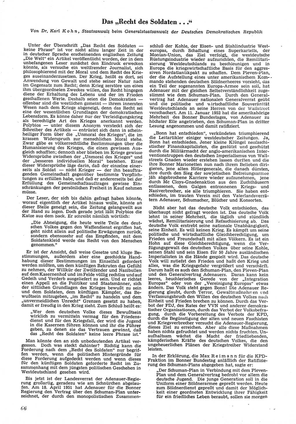 Neue Justiz (NJ), Zeitschrift für Recht und Rechtswissenschaft [Deutsche Demokratische Republik (DDR)], 6. Jahrgang 1952, Seite 66 (NJ DDR 1952, S. 66)