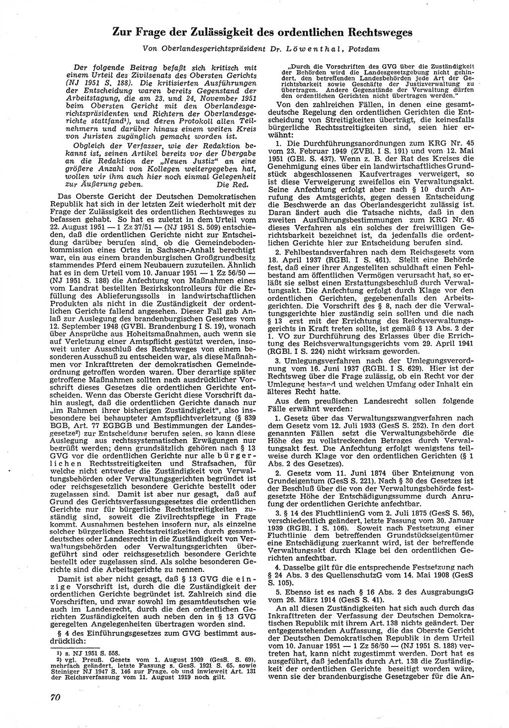 Neue Justiz (NJ), Zeitschrift für Recht und Rechtswissenschaft [Deutsche Demokratische Republik (DDR)], 6. Jahrgang 1952, Seite 70 (NJ DDR 1952, S. 70)