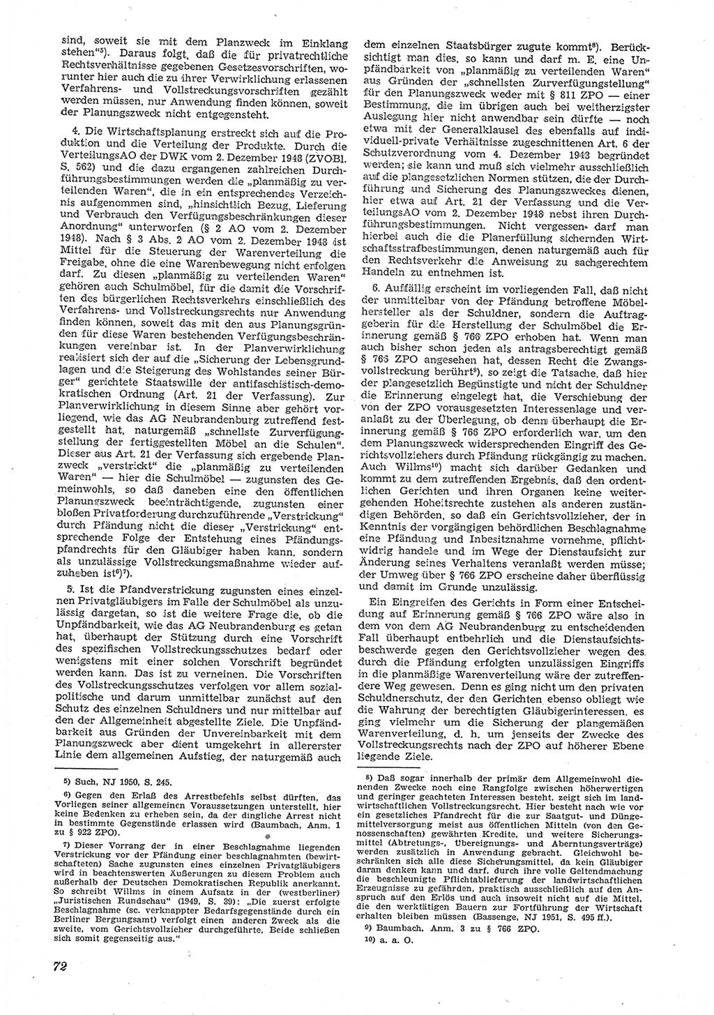 Neue Justiz (NJ), Zeitschrift für Recht und Rechtswissenschaft [Deutsche Demokratische Republik (DDR)], 6. Jahrgang 1952, Seite 72 (NJ DDR 1952, S. 72)