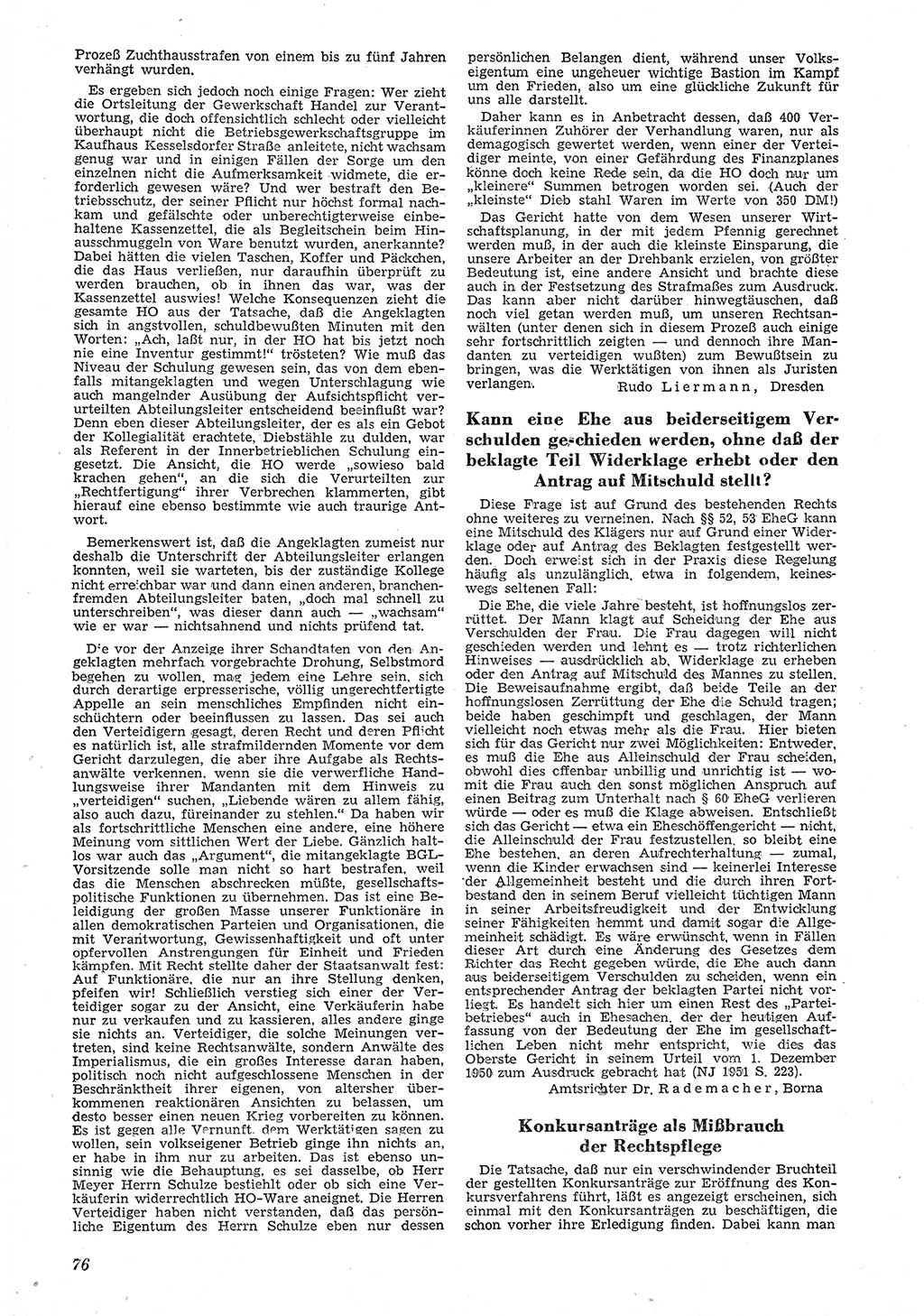 Neue Justiz (NJ), Zeitschrift für Recht und Rechtswissenschaft [Deutsche Demokratische Republik (DDR)], 6. Jahrgang 1952, Seite 76 (NJ DDR 1952, S. 76)