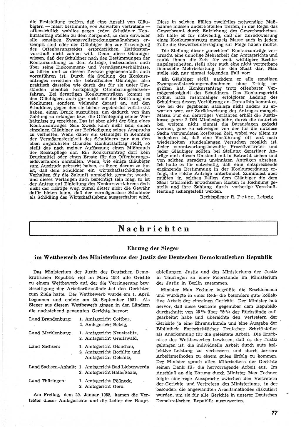 Neue Justiz (NJ), Zeitschrift für Recht und Rechtswissenschaft [Deutsche Demokratische Republik (DDR)], 6. Jahrgang 1952, Seite 77 (NJ DDR 1952, S. 77)
