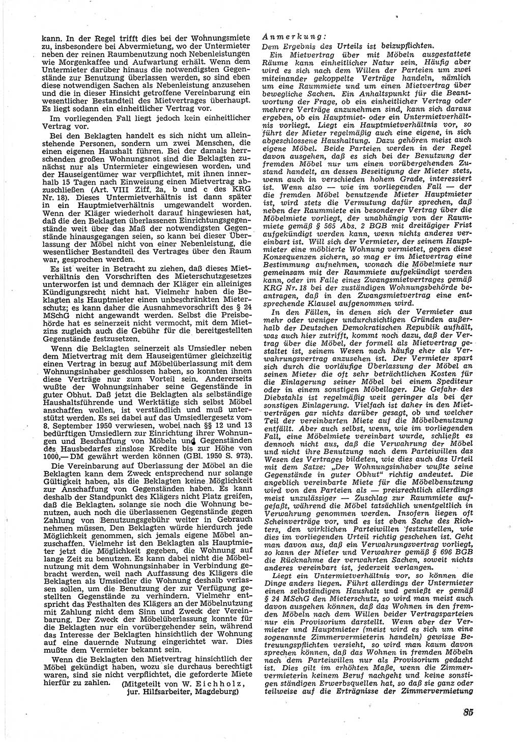 Neue Justiz (NJ), Zeitschrift für Recht und Rechtswissenschaft [Deutsche Demokratische Republik (DDR)], 6. Jahrgang 1952, Seite 85 (NJ DDR 1952, S. 85)