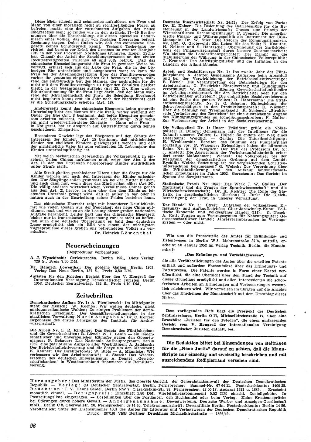 Neue Justiz (NJ), Zeitschrift für Recht und Rechtswissenschaft [Deutsche Demokratische Republik (DDR)], 6. Jahrgang 1952, Seite 96 (NJ DDR 1952, S. 96)