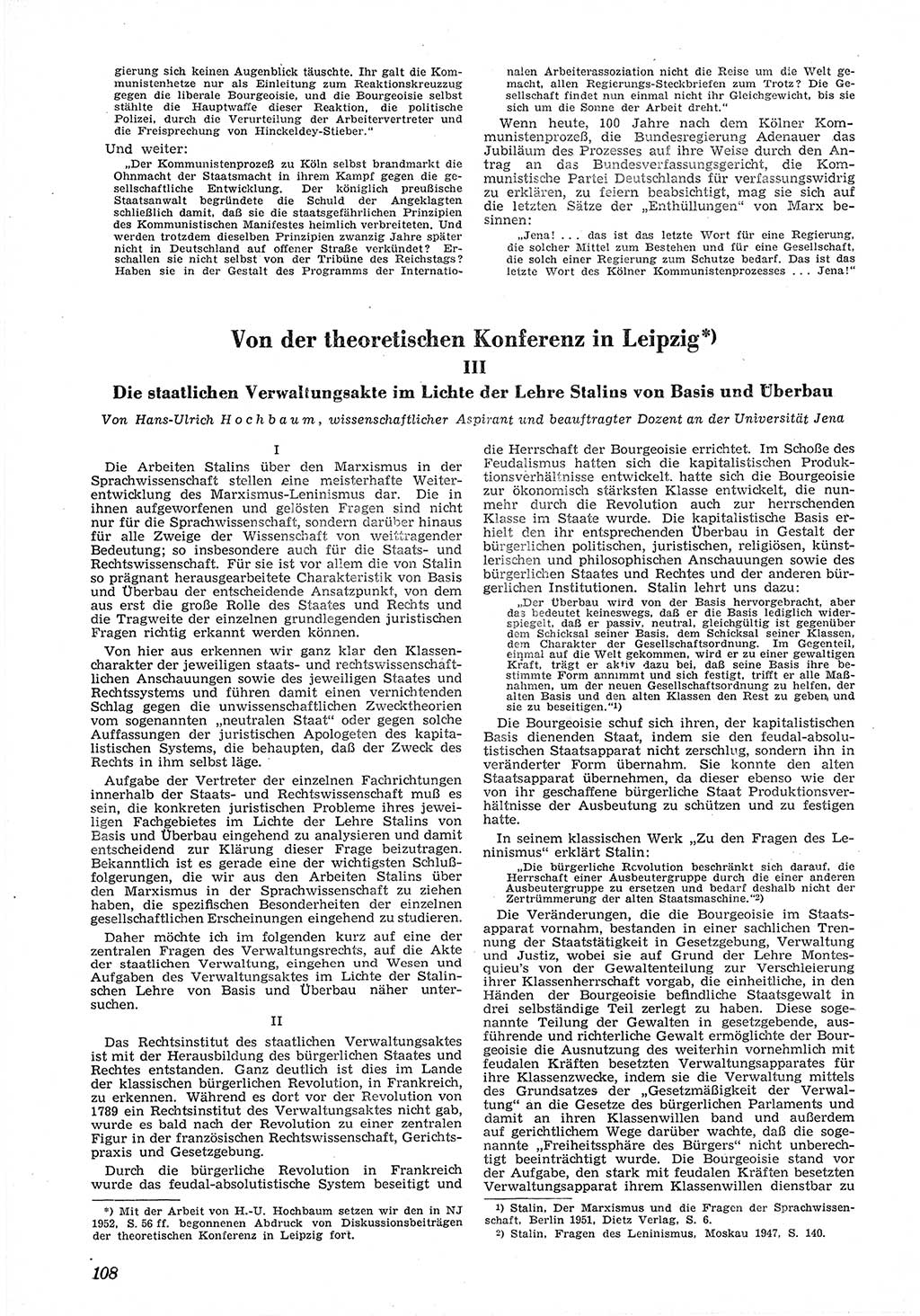 Neue Justiz (NJ), Zeitschrift für Recht und Rechtswissenschaft [Deutsche Demokratische Republik (DDR)], 6. Jahrgang 1952, Seite 108 (NJ DDR 1952, S. 108)