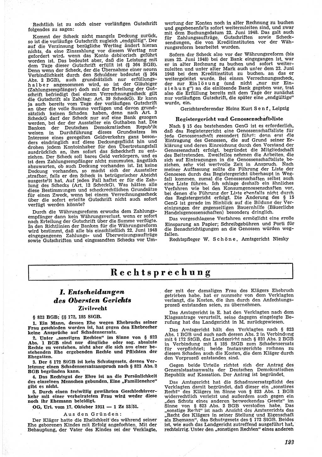 Neue Justiz (NJ), Zeitschrift für Recht und Rechtswissenschaft [Deutsche Demokratische Republik (DDR)], 6. Jahrgang 1952, Seite 123 (NJ DDR 1952, S. 123)
