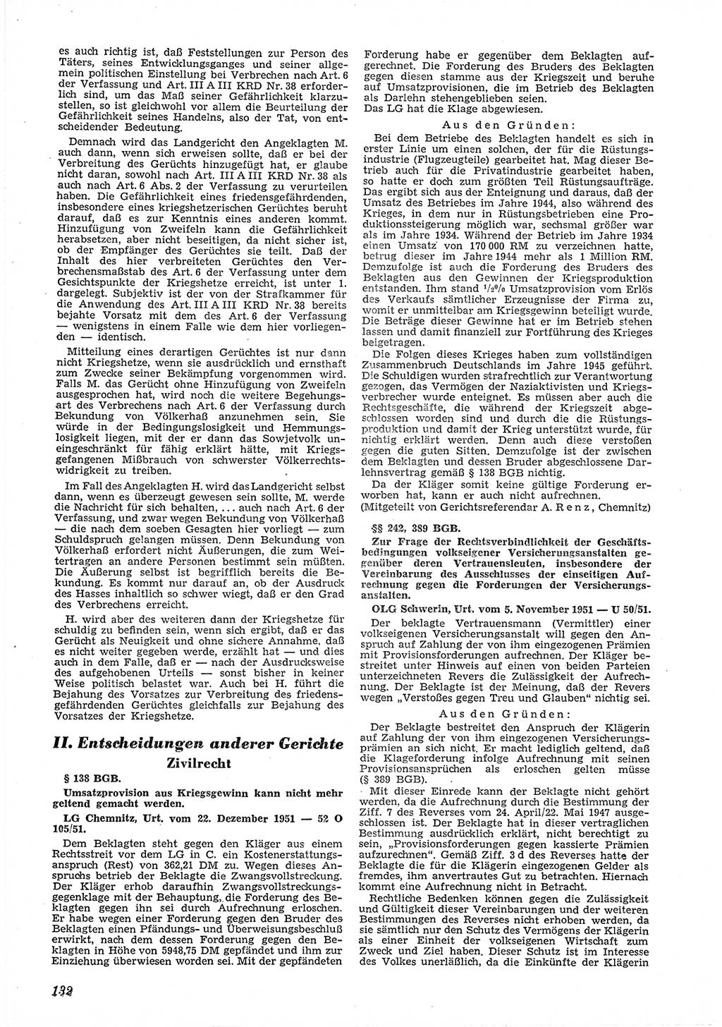Neue Justiz (NJ), Zeitschrift für Recht und Rechtswissenschaft [Deutsche Demokratische Republik (DDR)], 6. Jahrgang 1952, Seite 132 (NJ DDR 1952, S. 132)