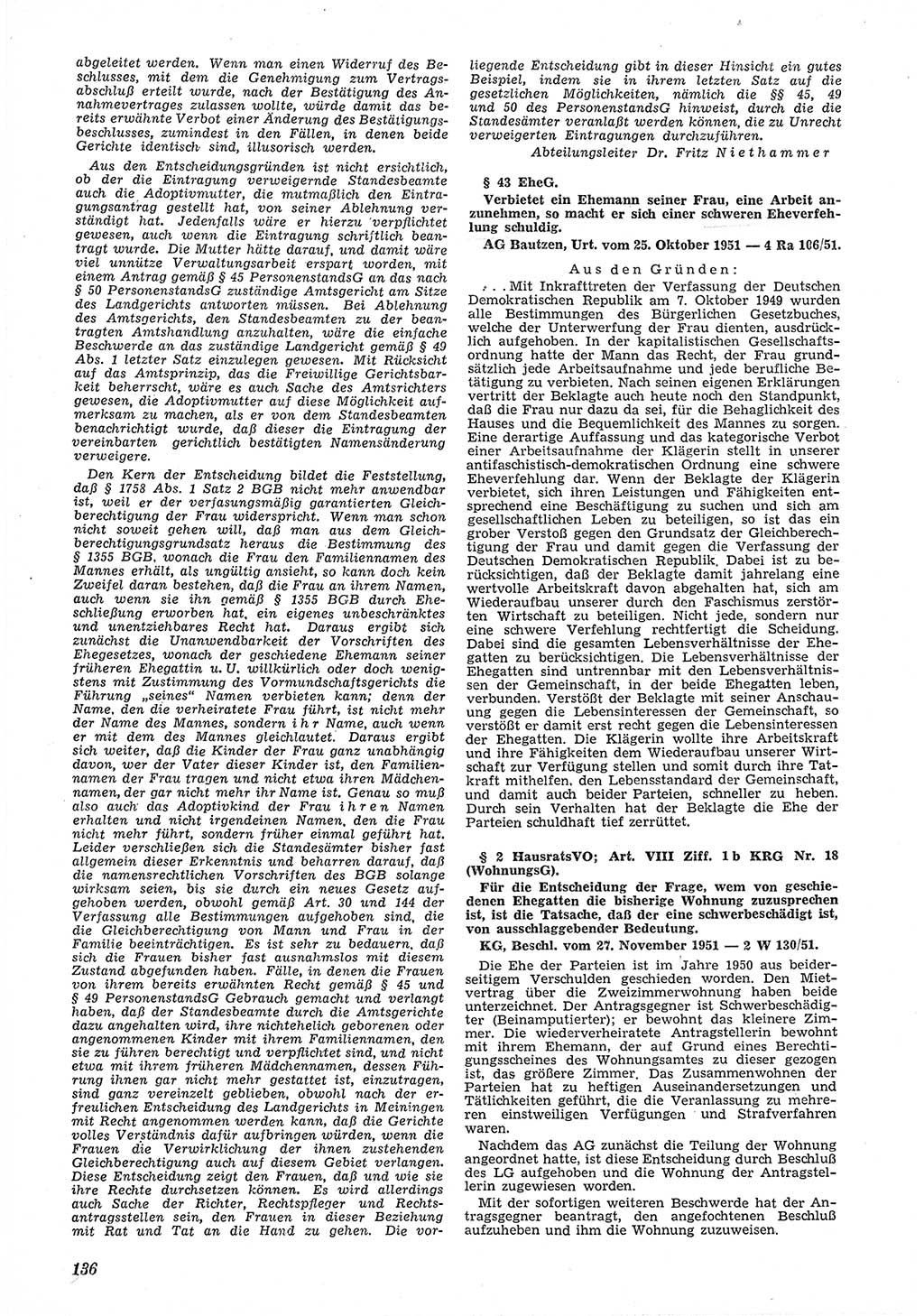 Neue Justiz (NJ), Zeitschrift für Recht und Rechtswissenschaft [Deutsche Demokratische Republik (DDR)], 6. Jahrgang 1952, Seite 136 (NJ DDR 1952, S. 136)
