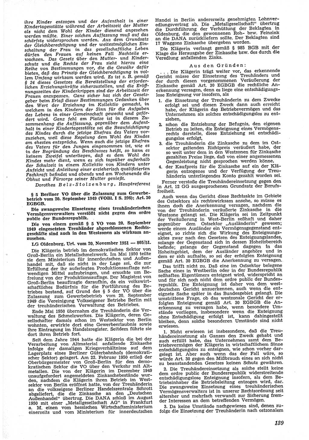 Neue Justiz (NJ), Zeitschrift für Recht und Rechtswissenschaft [Deutsche Demokratische Republik (DDR)], 6. Jahrgang 1952, Seite 139 (NJ DDR 1952, S. 139)